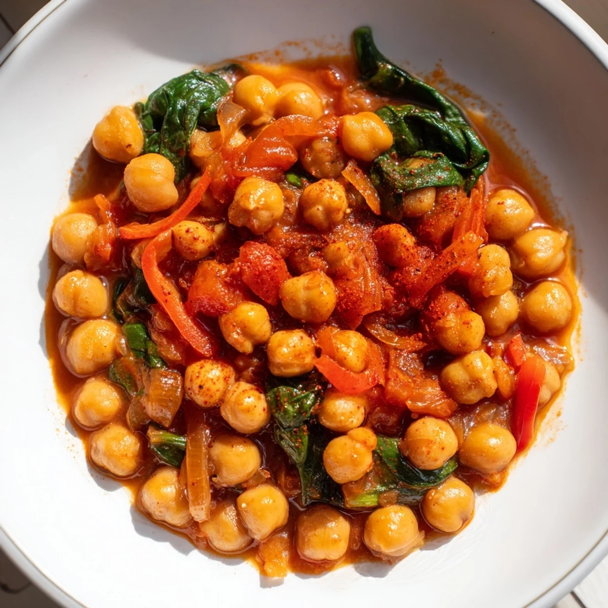 A steamy bowl of Chickpea and Spinach Stew, showcasing vibrant greens and hearty chickpeas.