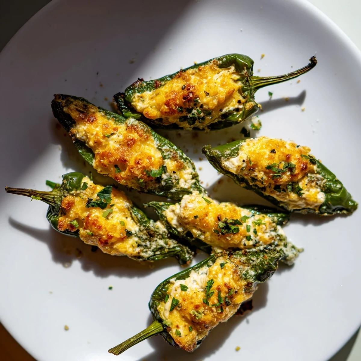A plate of freshly baked Padrón Pepper Bites, easy-to-make vegetarian appetizer, ready to serve.