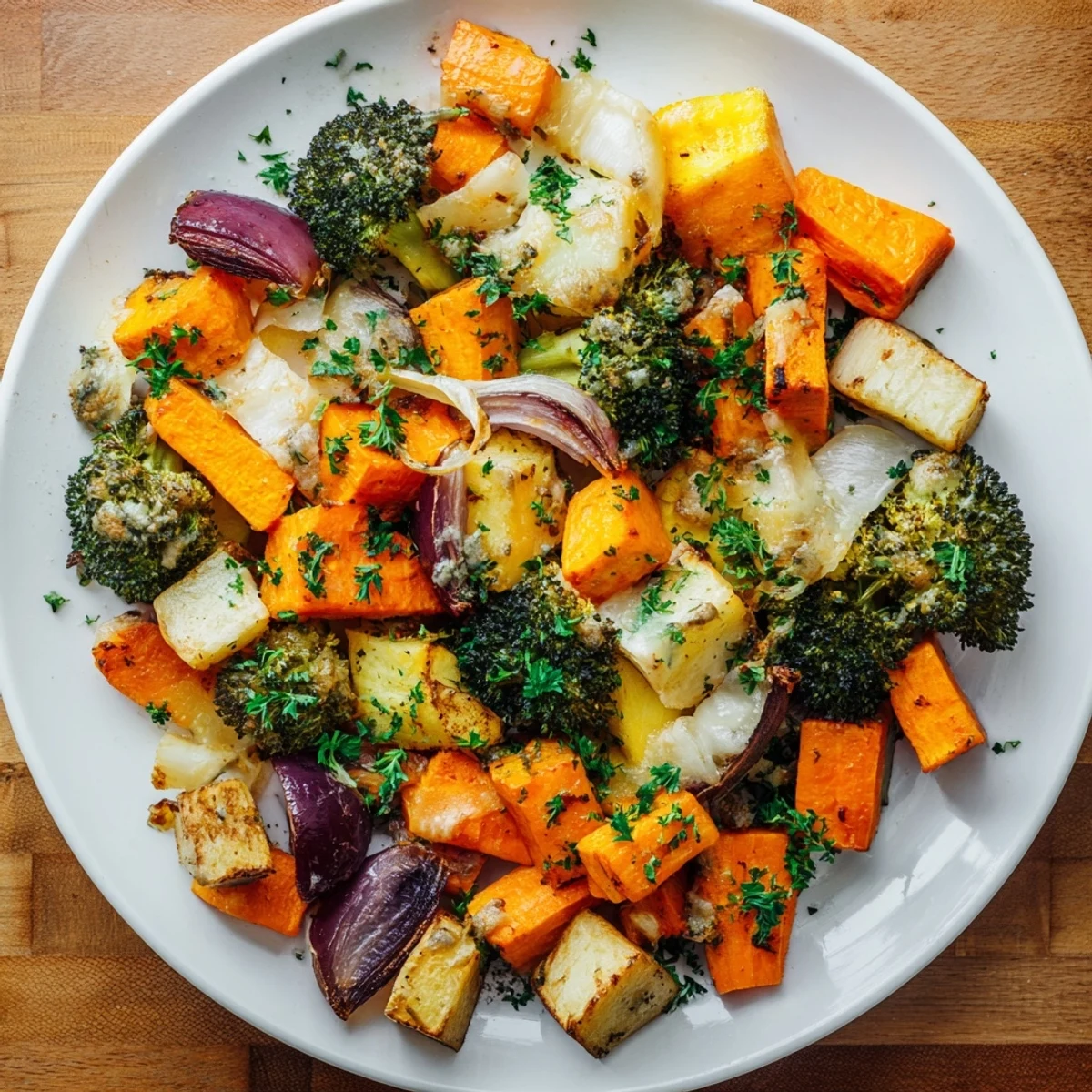 Oven-Roasted Winter Vegetables with melted cheese, a colorful, hearty dish ready to eat.