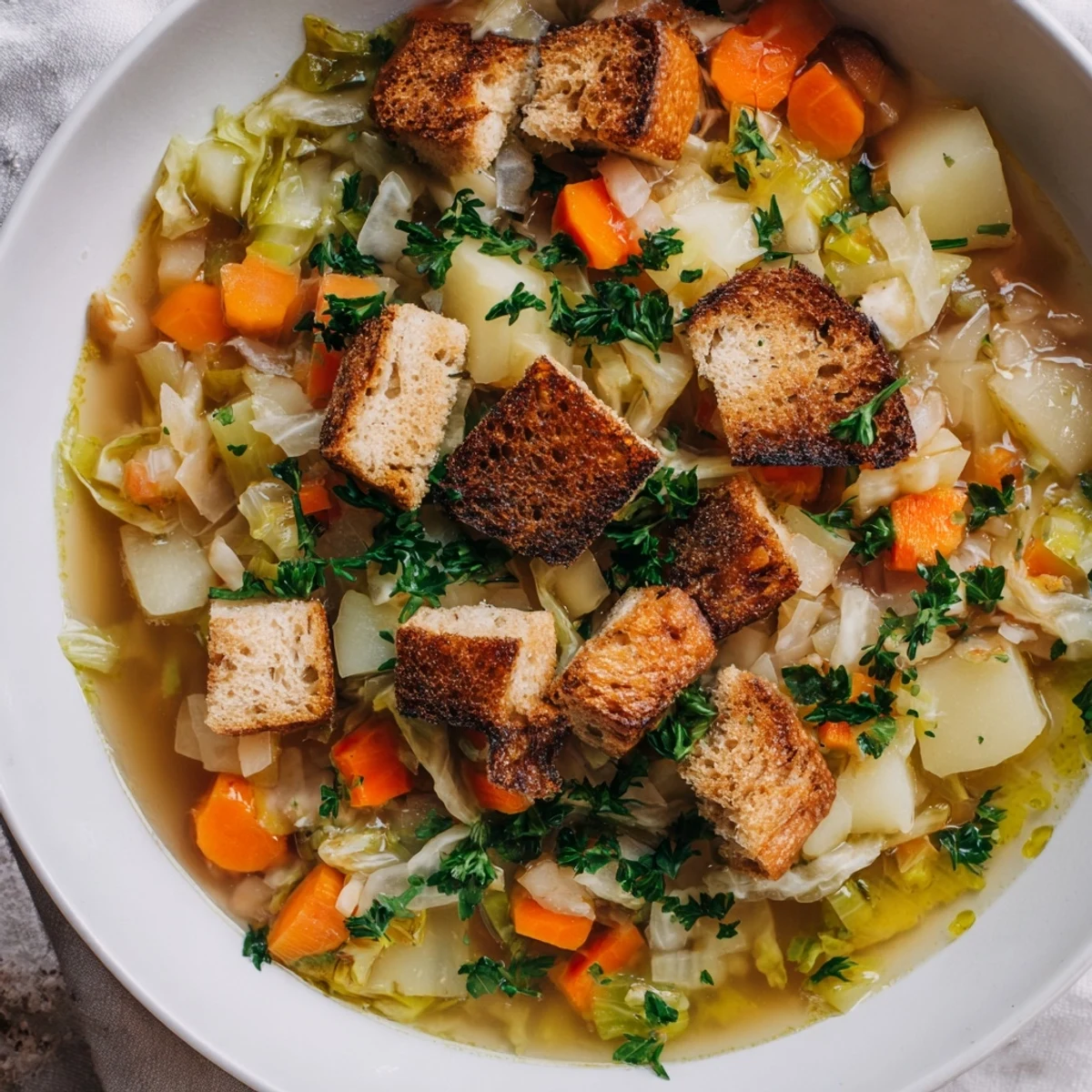 A steaming bowl of Sopa Pobre de Invierno garnished with parsley and crunchy bread croutons.