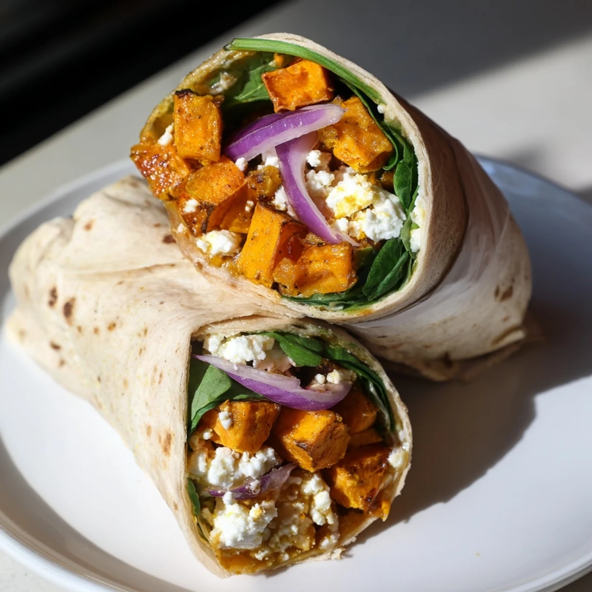 Sweet potato and goat cheese wrap, bursting with roasted sweet potato, creamy cheese, and fresh greens.