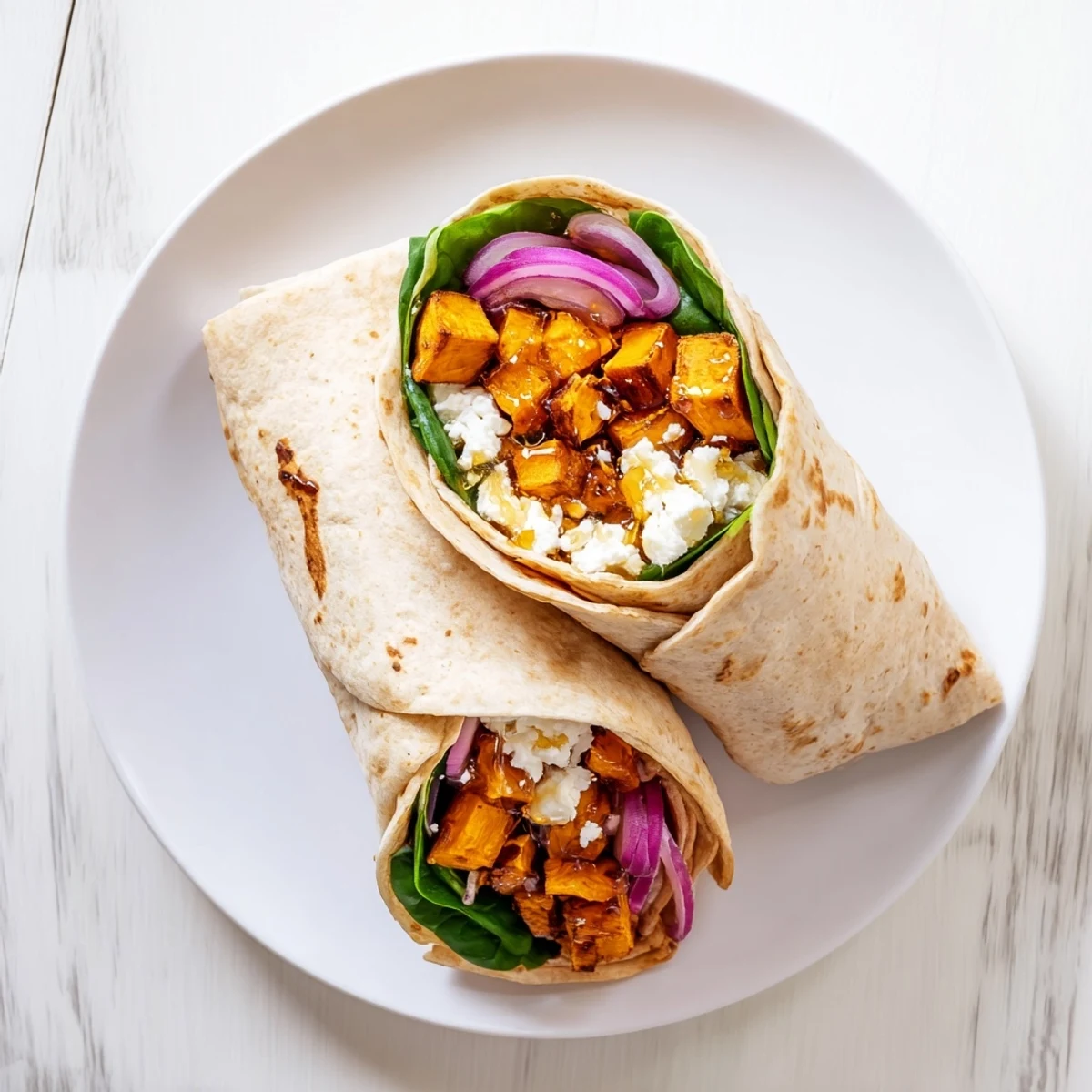 Homemade Sweet Potato and Goat Cheese Wrap, ready to eat, with visible ingredients and a drizzle of honey.