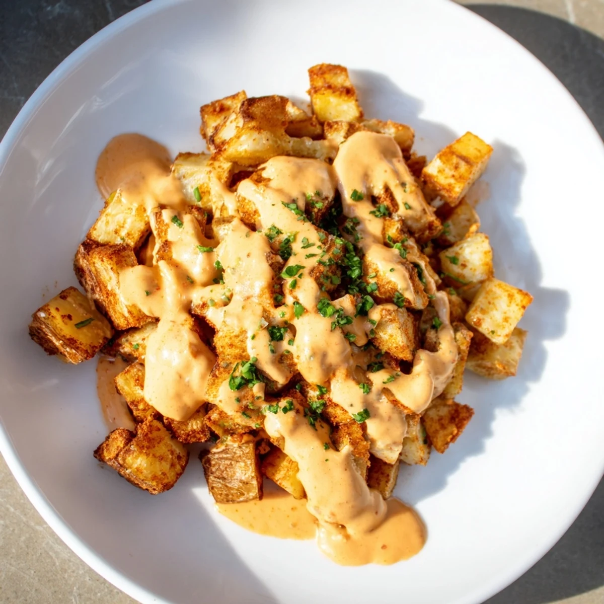 Golden, crispy Merkén-Spiced Patatas Bravas with a vibrant red bravas sauce, ready to be enjoyed.