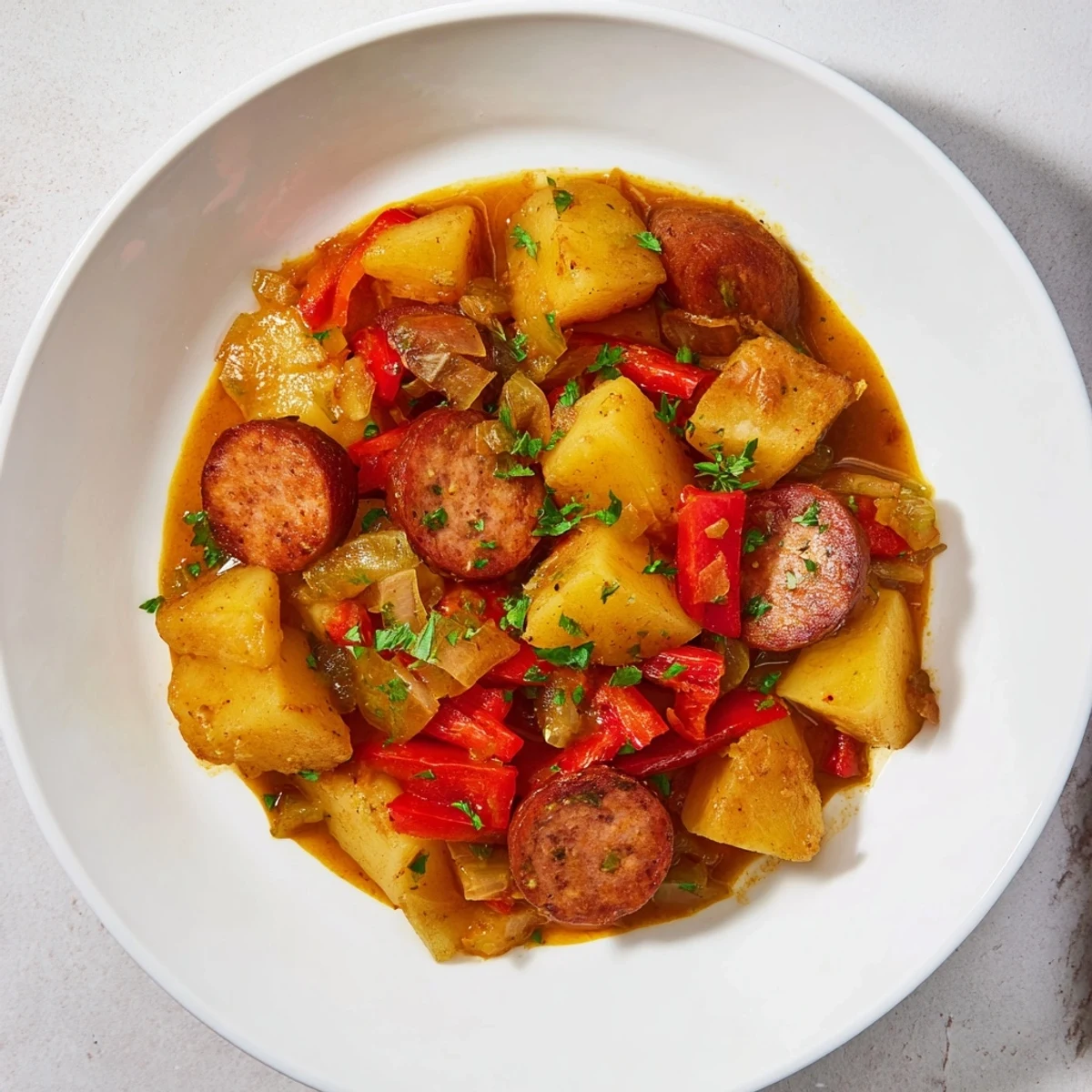 Quick Patatas a la Riojana bubbling in a pot, a Spanish potato and chorizo stew.