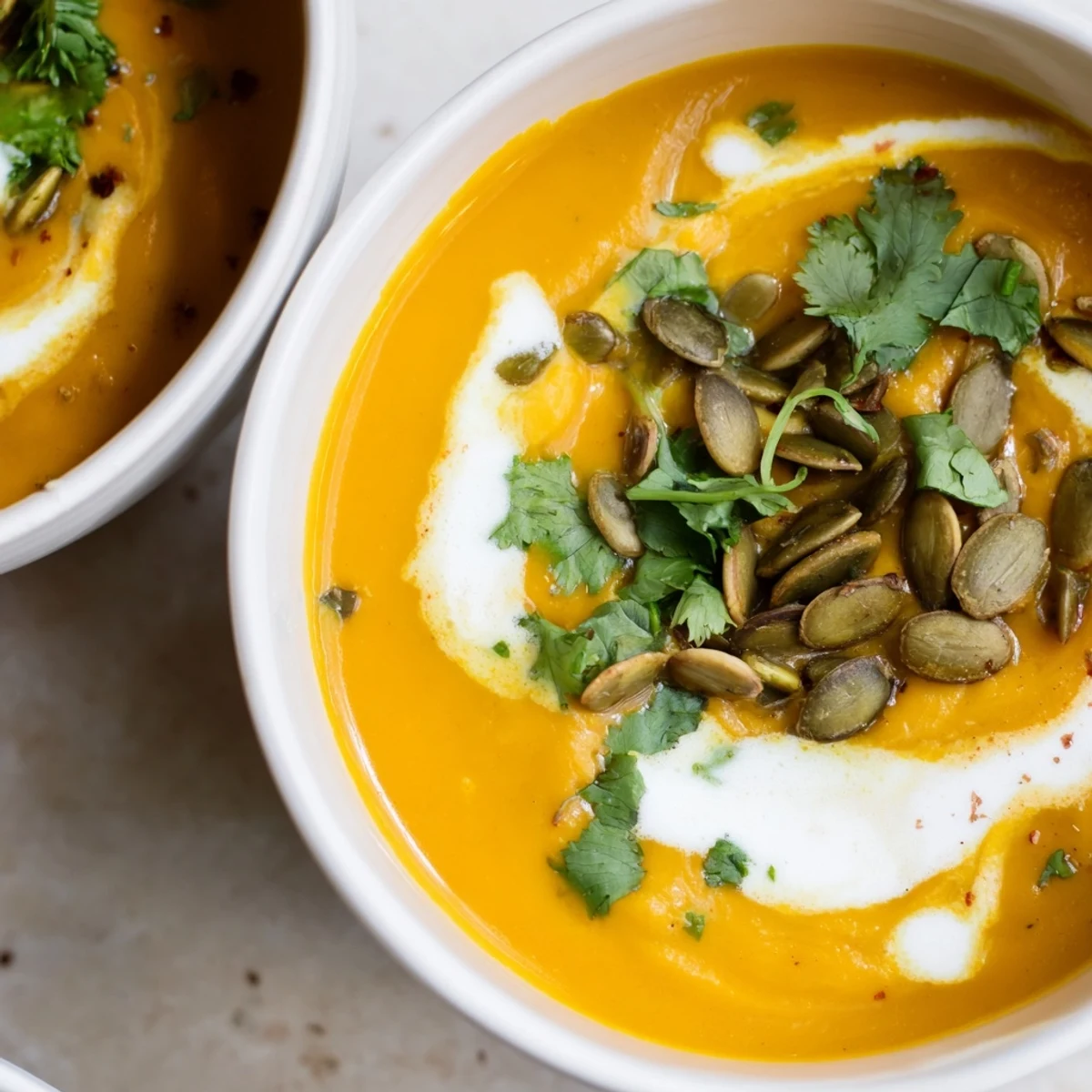 Steaming bowl of creamy pumpkin & curry winter soup, garnished with green herbs and toasted seeds.
