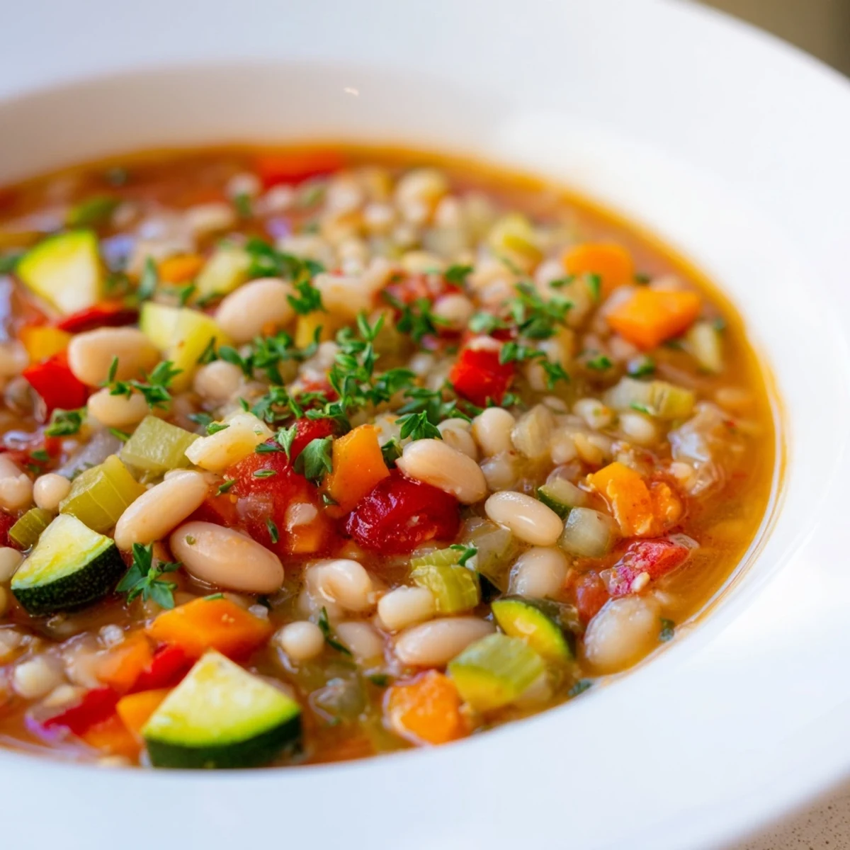 Hearty Healthy Bean Stew with Vegetables, a steaming bowl with colorful, tender vegetables and beans.