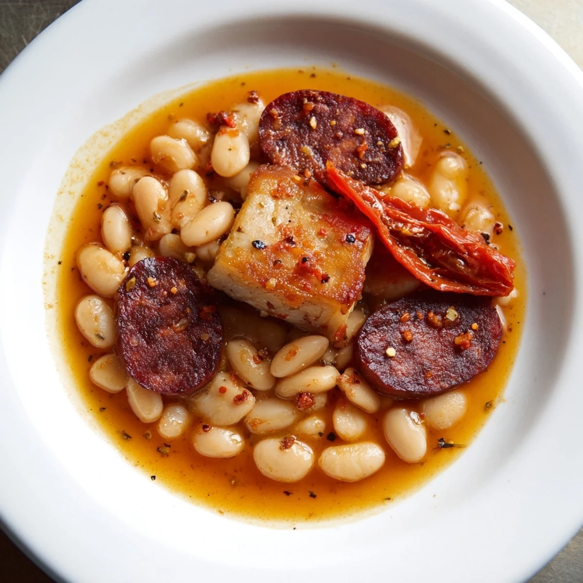 Hearty bowl of Budget Fabada Asturiana, bubbling with white beans, chorizo, and smoky flavor.