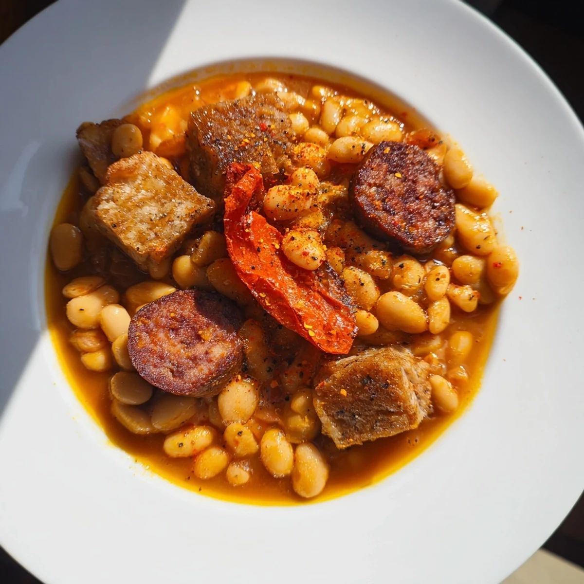 A steaming close-up shows the authentic Budget Fabada Asturiana, served with crusty bread for dipping.
