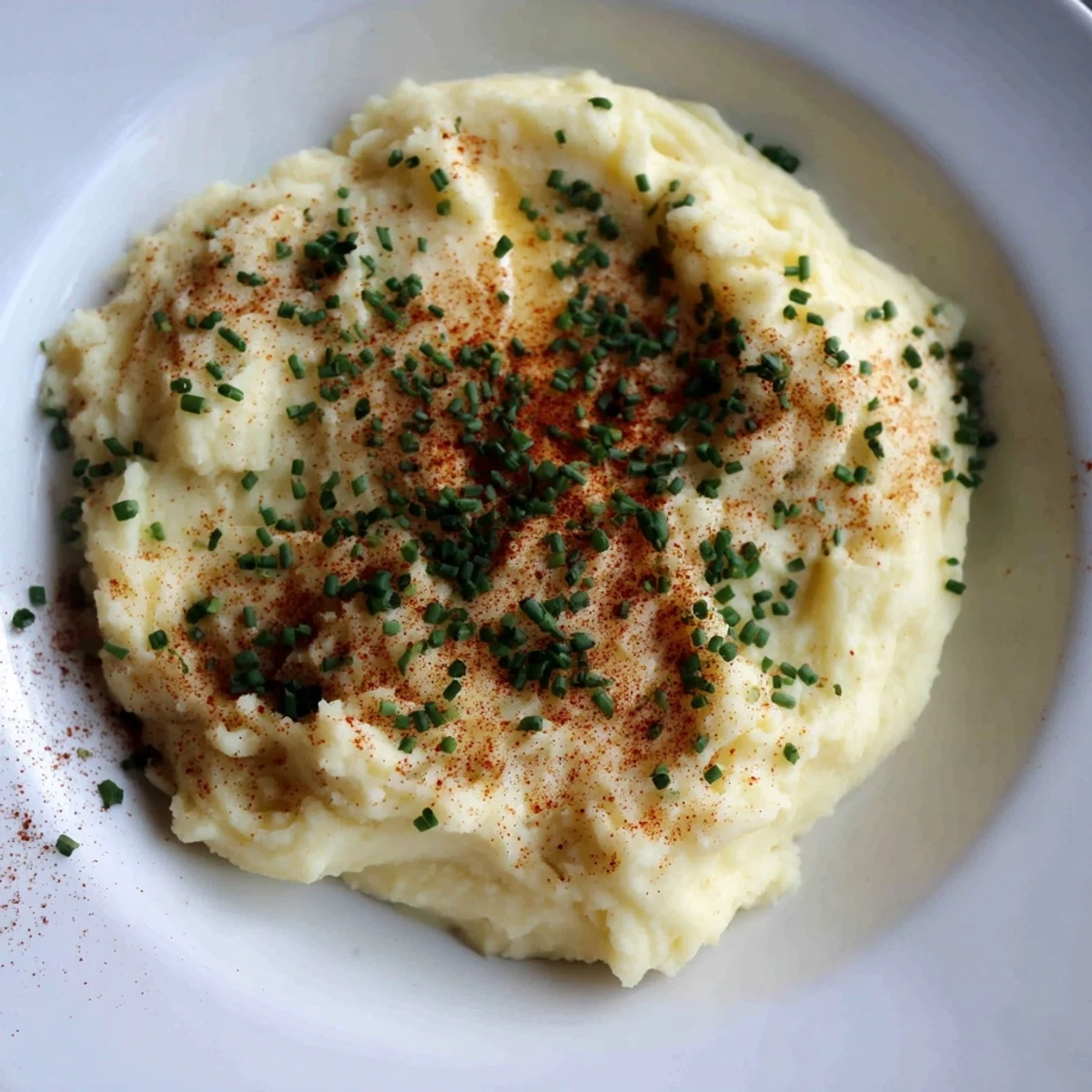 Creamy Healthy Potato & Celeriac Mash, garnished with smoked paprika and fresh chives, ready to serve.