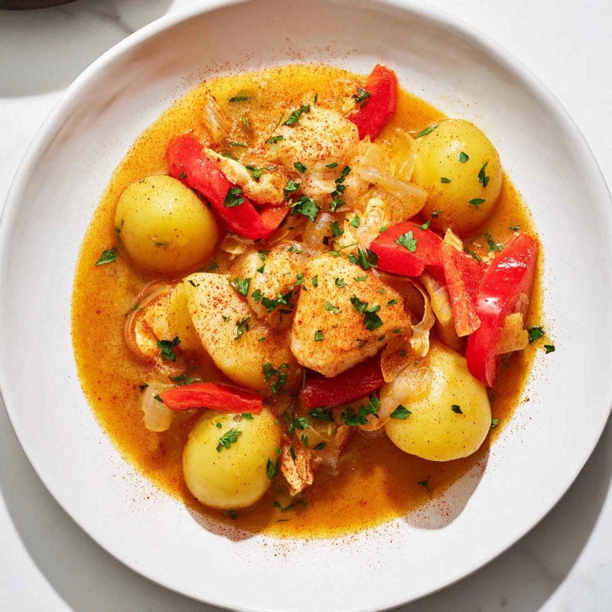 Golden-brown 1-Pan Potato and Bacalao Stew, a hearty single-skillet meal, ready to serve with lemon.