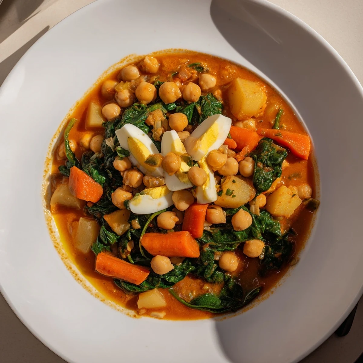 This Creamy Garbanzos with Spinach Stew showcases a close-up of tender chickpeas and fresh spinach, ready to serve.