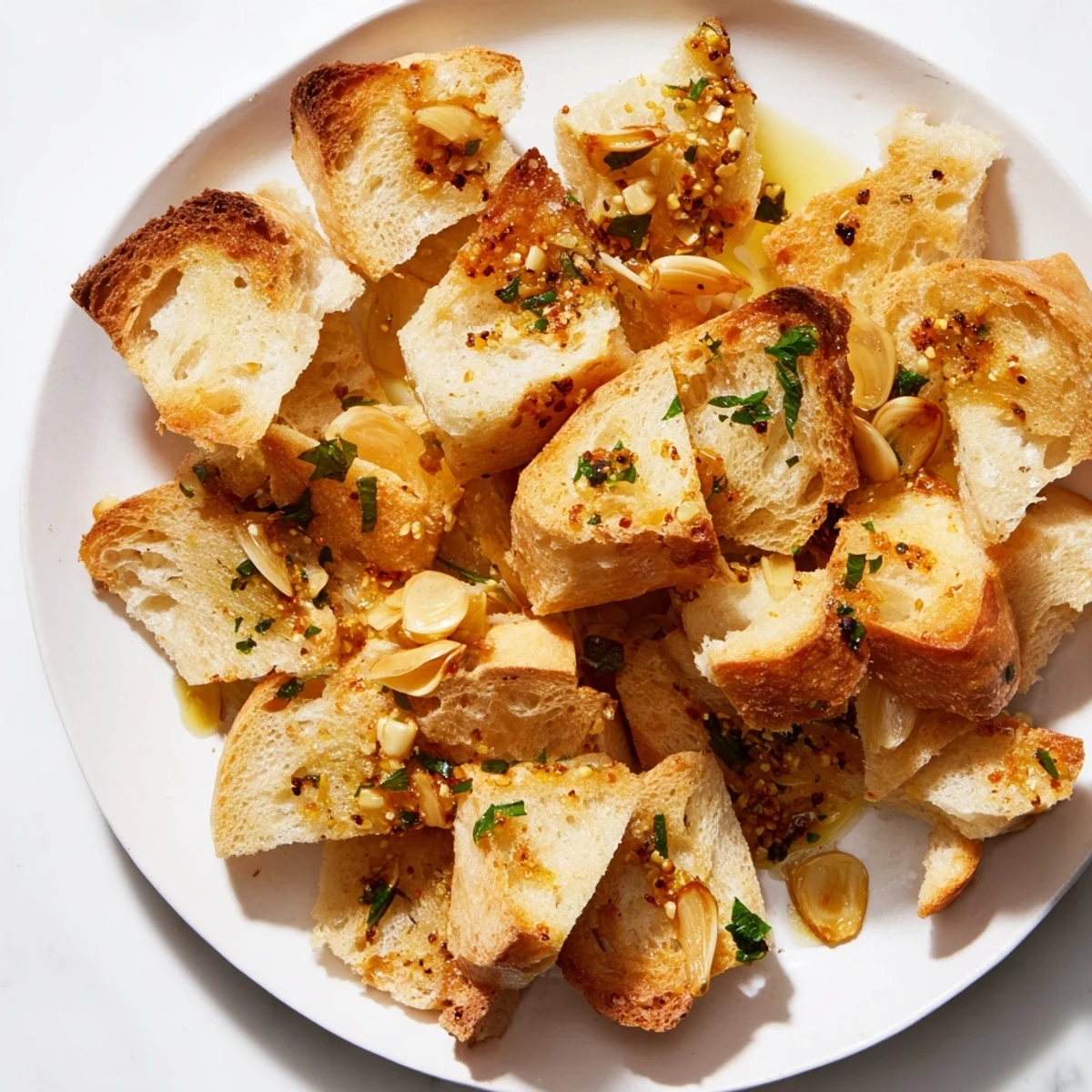 Close-up of savory Zero Waste Garlic and Breadcrumb Migas with fried garlic, ready to eat.