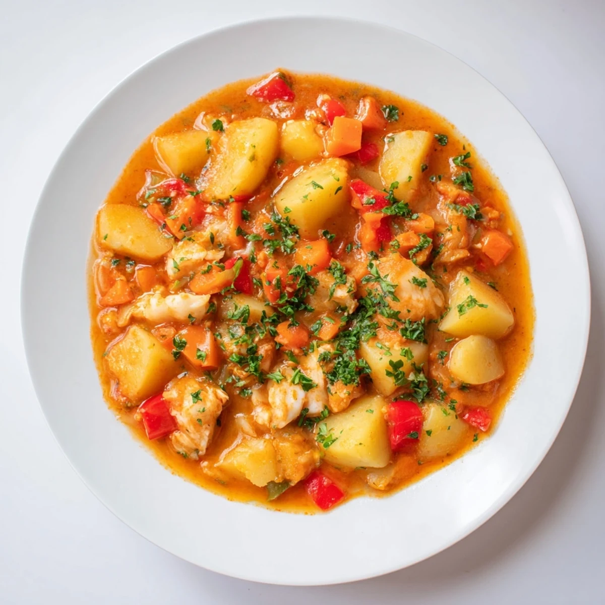 Fragrant 1-Pan Potato and Bacalao Stew, a close-up of tender fish and potatoes simmering in tomato broth.
