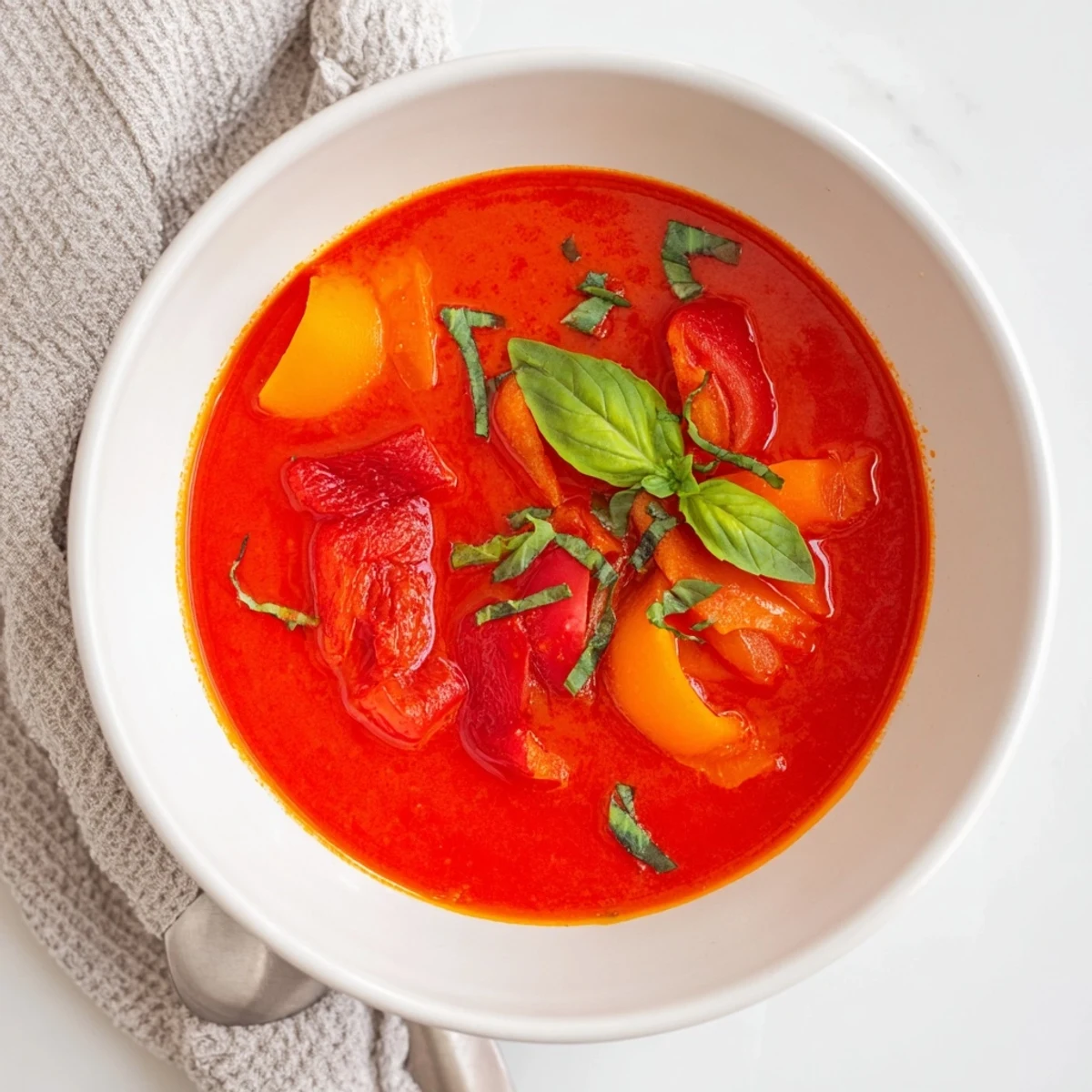 A steaming bowl of Viral Red Pepper and Tomato Soup, garnished with fresh basil, ready to enjoy.
