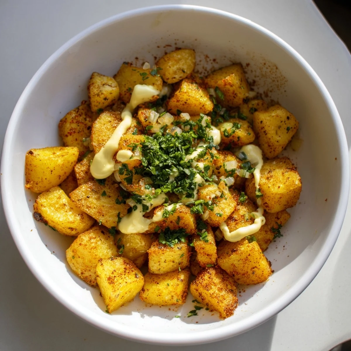 A close-up of beautifully roasted Merkén-Spiced Patatas Bravas, garnished with fresh parsley and aioli.