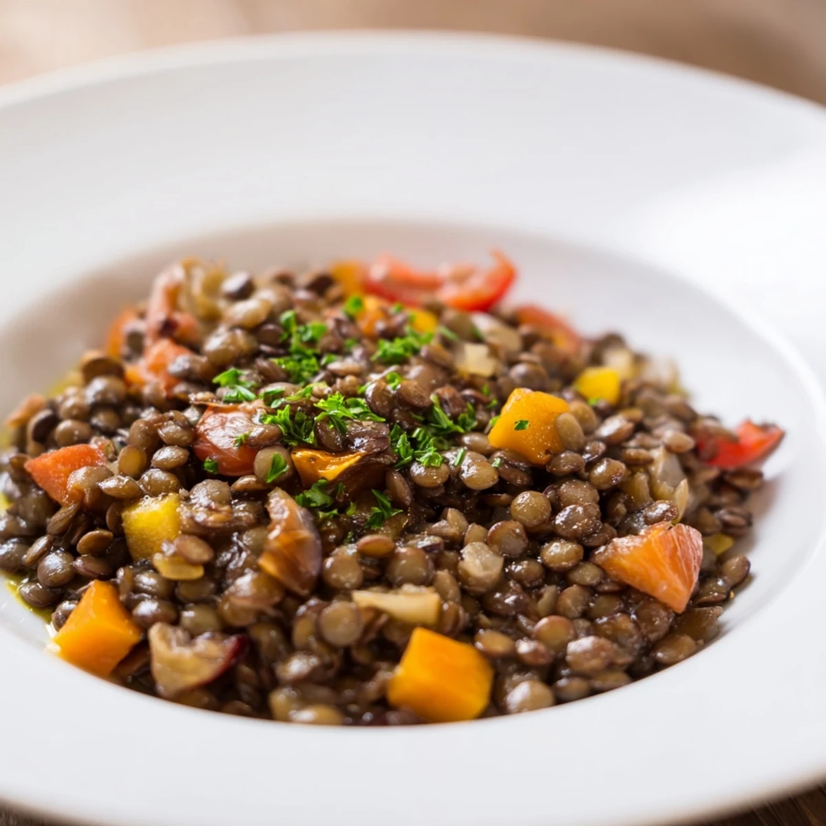 Abuela's Secret Lentil Stew with prunes simmered in a Dutch oven, perfect for a cozy dinner.
