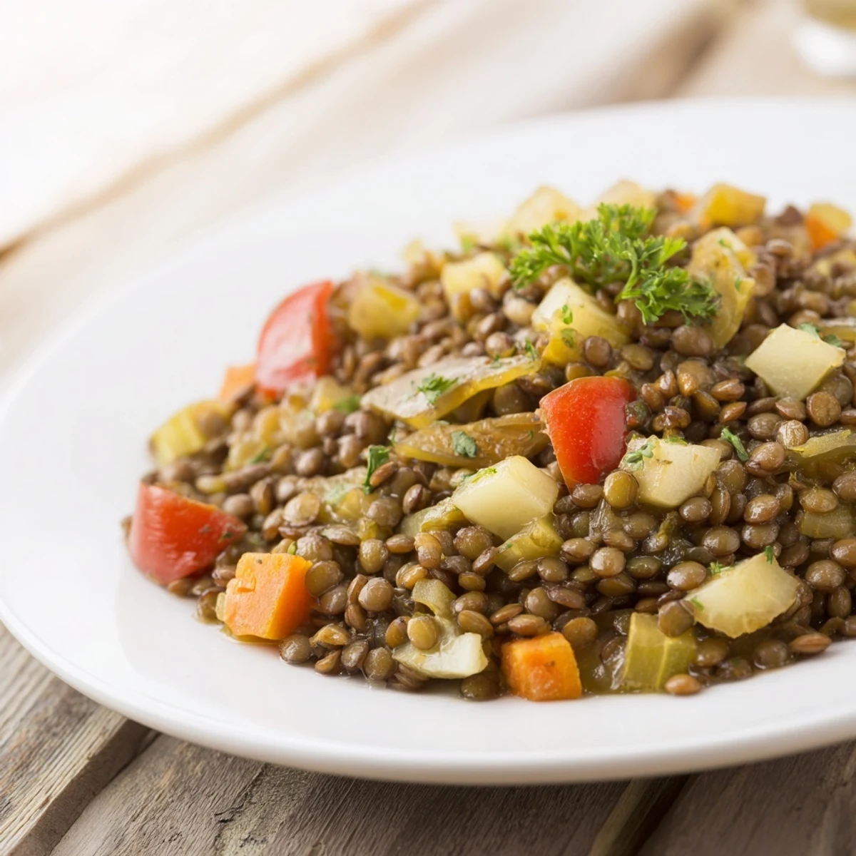 A steaming bowl of Abuela's Secret Lentil Stew, with visible prunes and colorful vegetables.