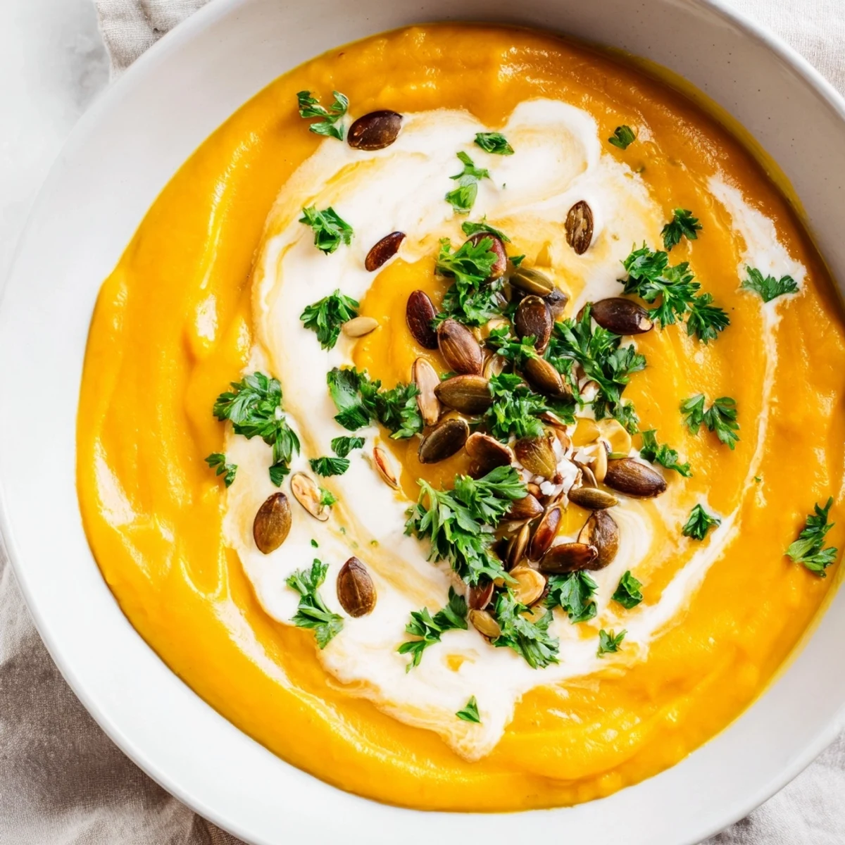 Enjoy a comforting bowl of creamy and flavorful Creamy Pumpkin & Curry Soup on a cold night.
