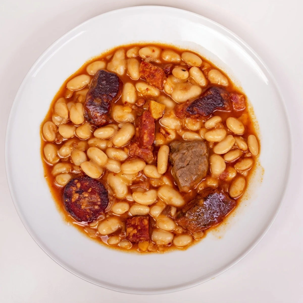 Delicious, steaming Budget Fabada Asturiana: creamy white beans with smoky sausage and bacon.
