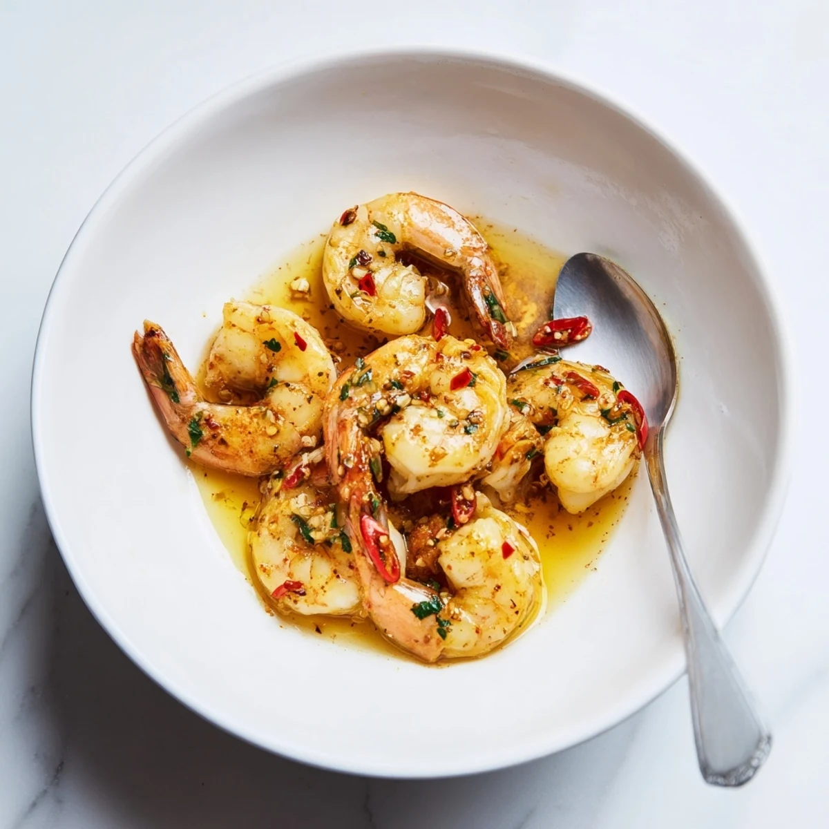 Close-up of a flavorful Quick Shrimp and Garlic Oil Dip, perfect for dipping with vibrant vegetables.