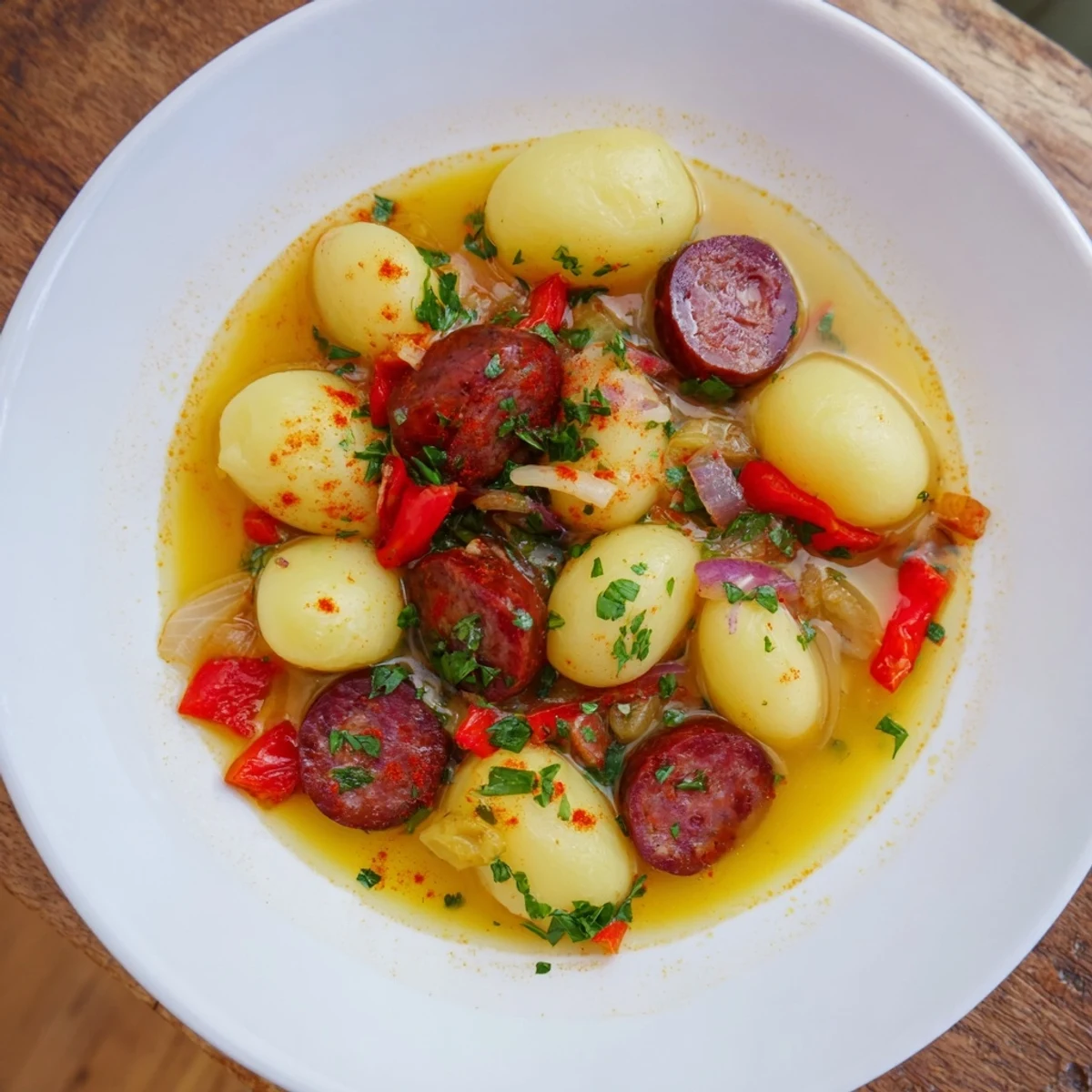 Fragrant Quick Patatas a la Riojana, a hearty Spanish potato and chorizo stew, ready to serve.