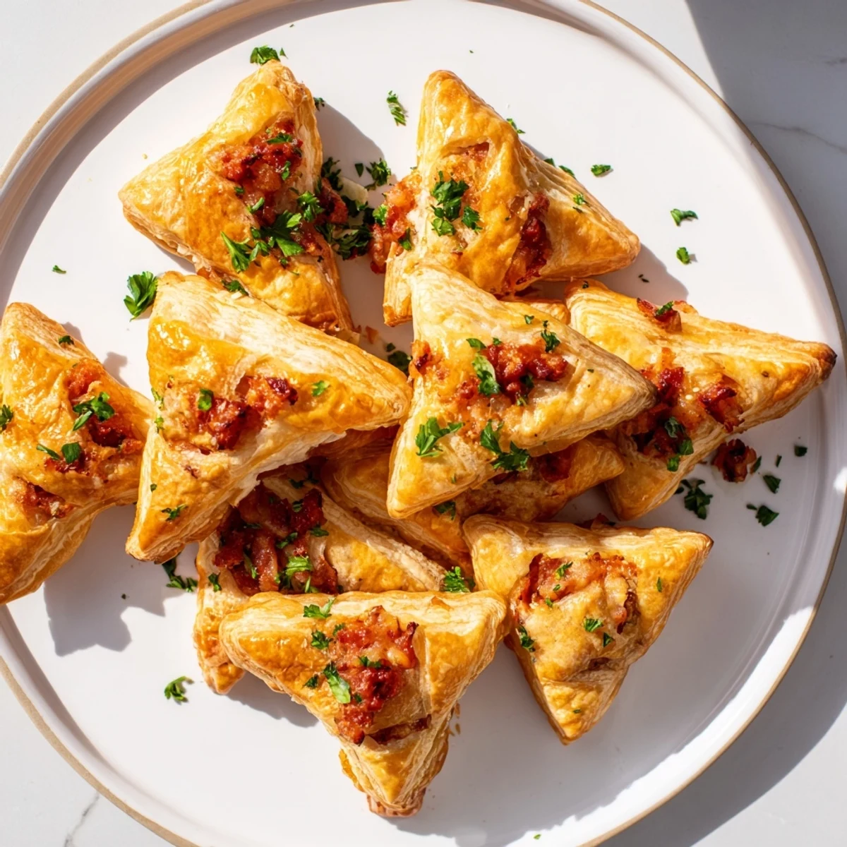 Golden, air fryer Spanish pastry squares, filled with savory chorizo, ready for a flavorful bite.