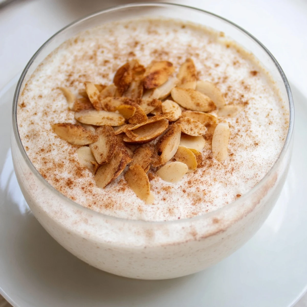 A close-up of creamy Spanish Almond Milk Pudding, garnished with toasted almonds and cinnamon.