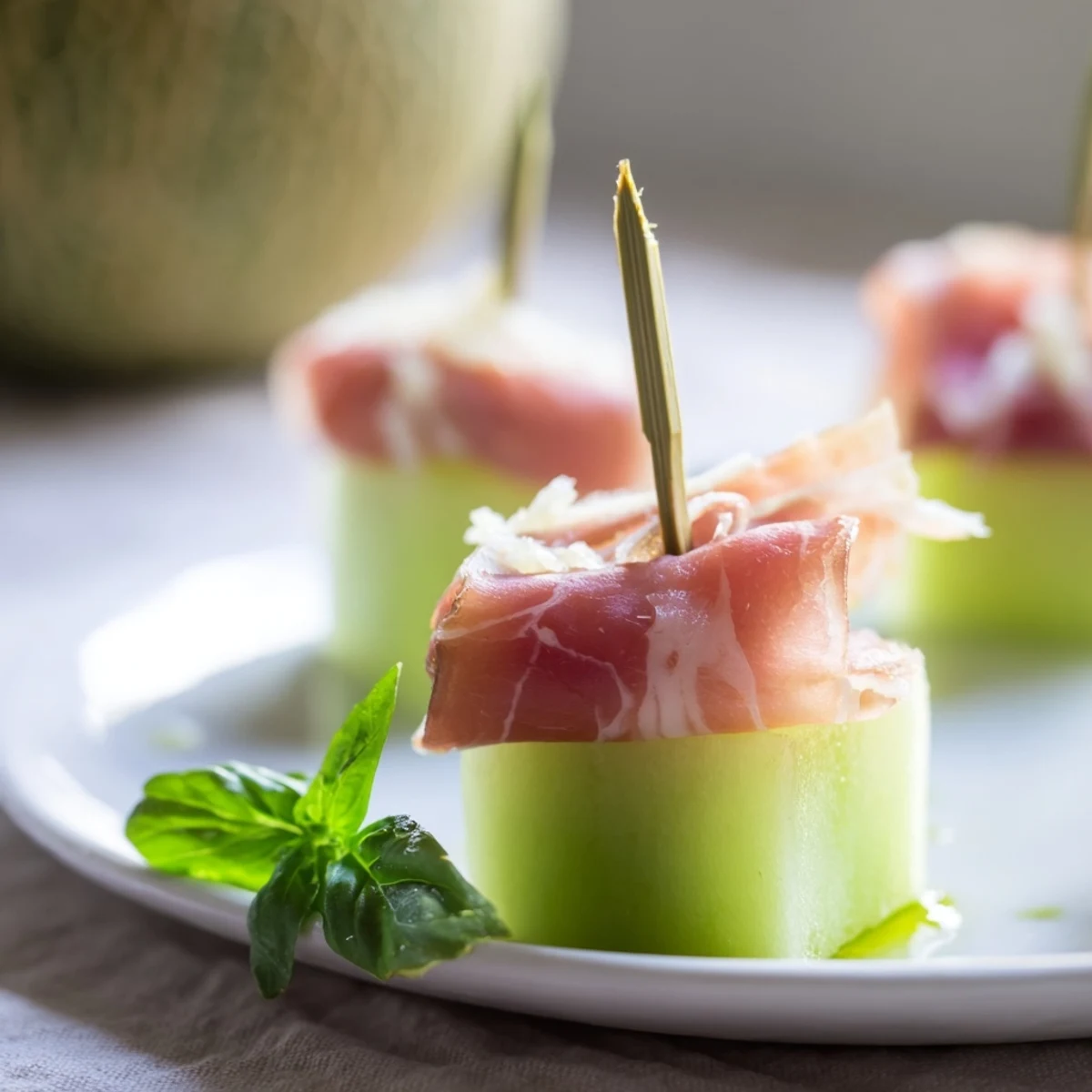 Close-up photo of Express Jamón & Melon Skewers, a delicious Spanish appetizer, ready to serve.