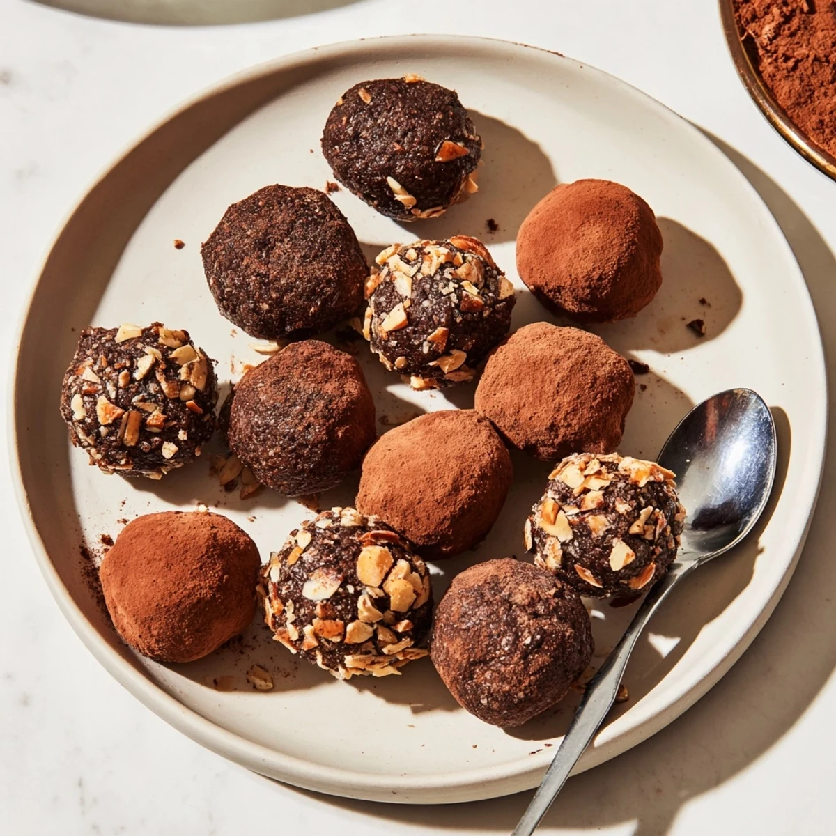 Rich, decadent Quick Spanish Nougat Truffles, coated in cocoa powder, ready for dessert.