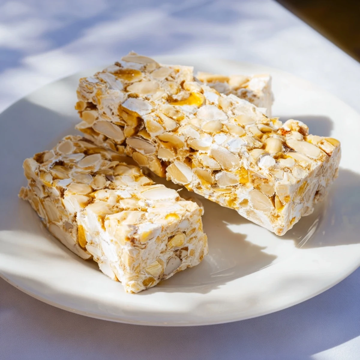 Crushed Budget Spanish Nougat Brittle with mixed nuts ready to break and share, a sweet treat.