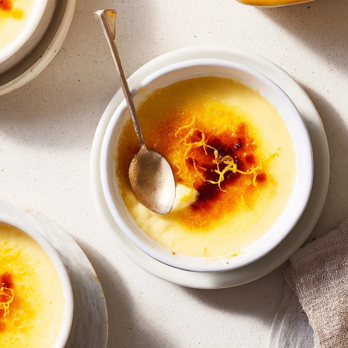 Golden, crackly topping contrasts smooth, citrus-infused Quick Crema Catalana in a ramekin.