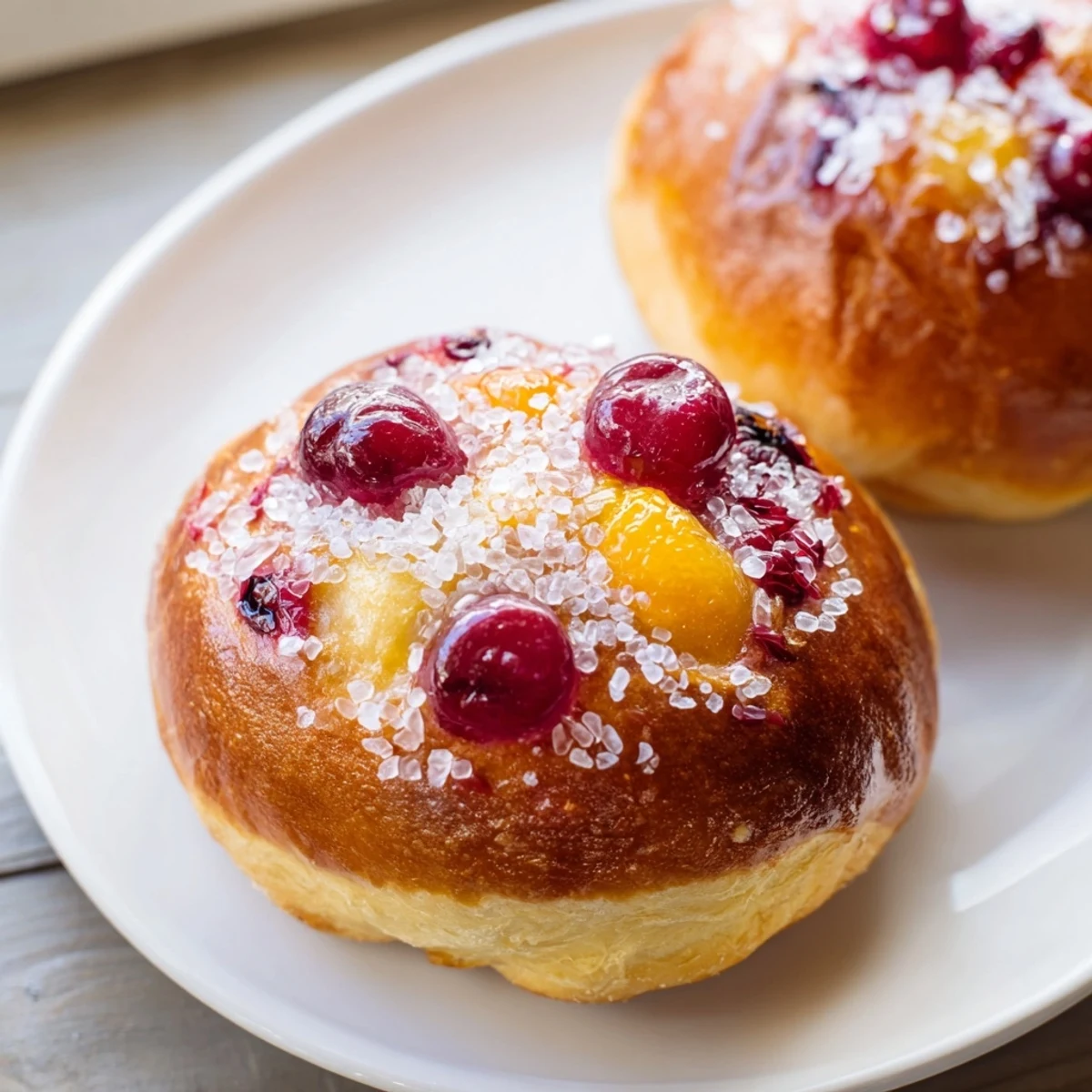 Warm, inviting image of a golden-baked mini Roscón de Reyes, garnished with colorful candied fruit.