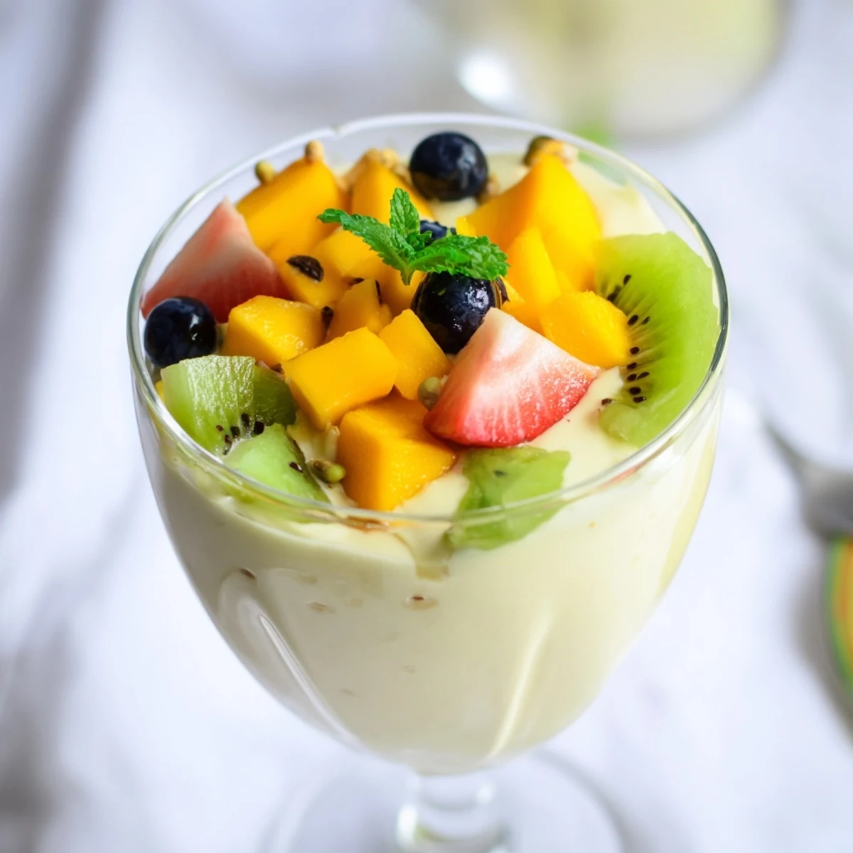 Layers of fresh fruit and whipped cream create beautiful Quick NataFruit Cups dessert.