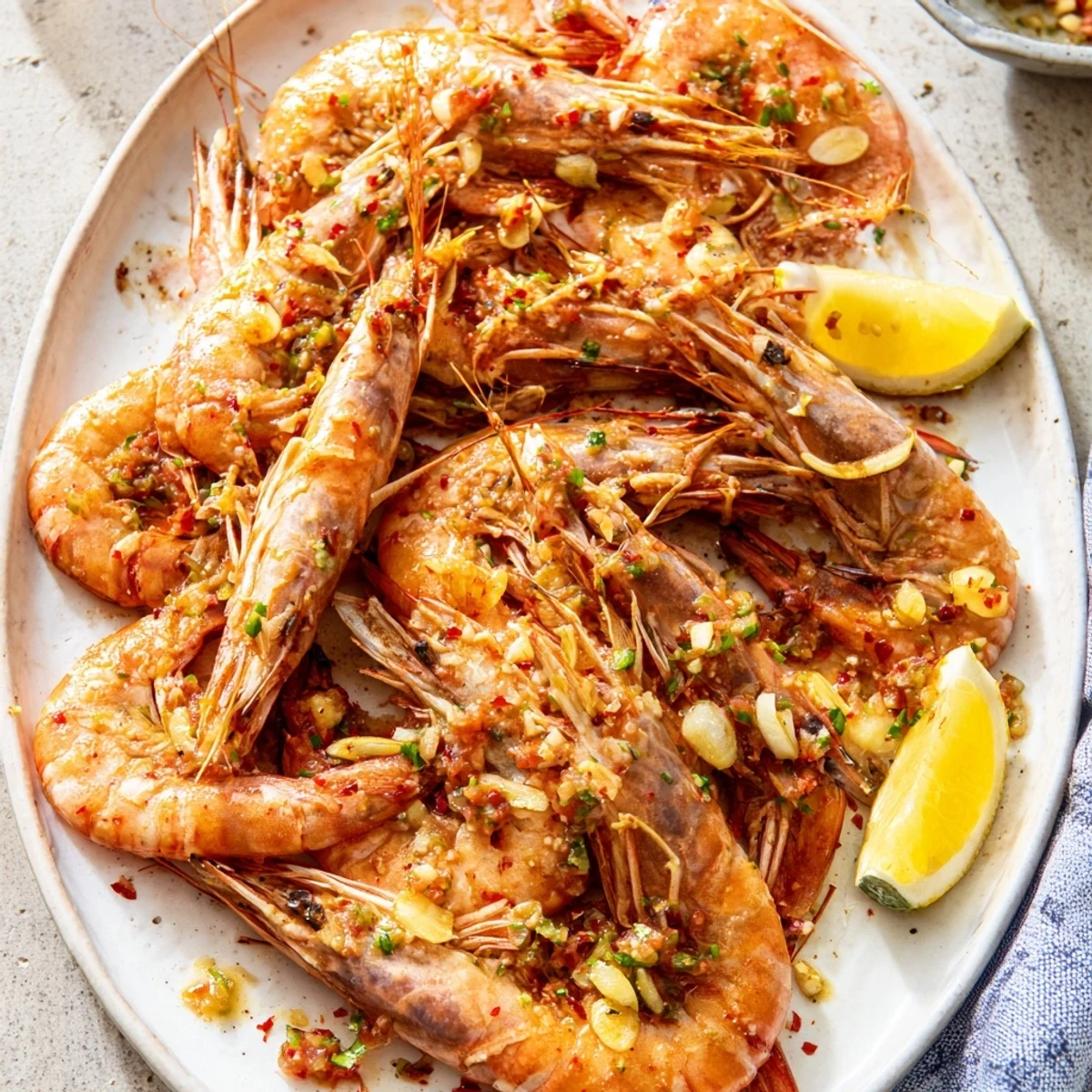 Sizzling lightened Gambas al Ajillo with plump shrimp, swimming in garlic-infused olive oil, ready to serve.