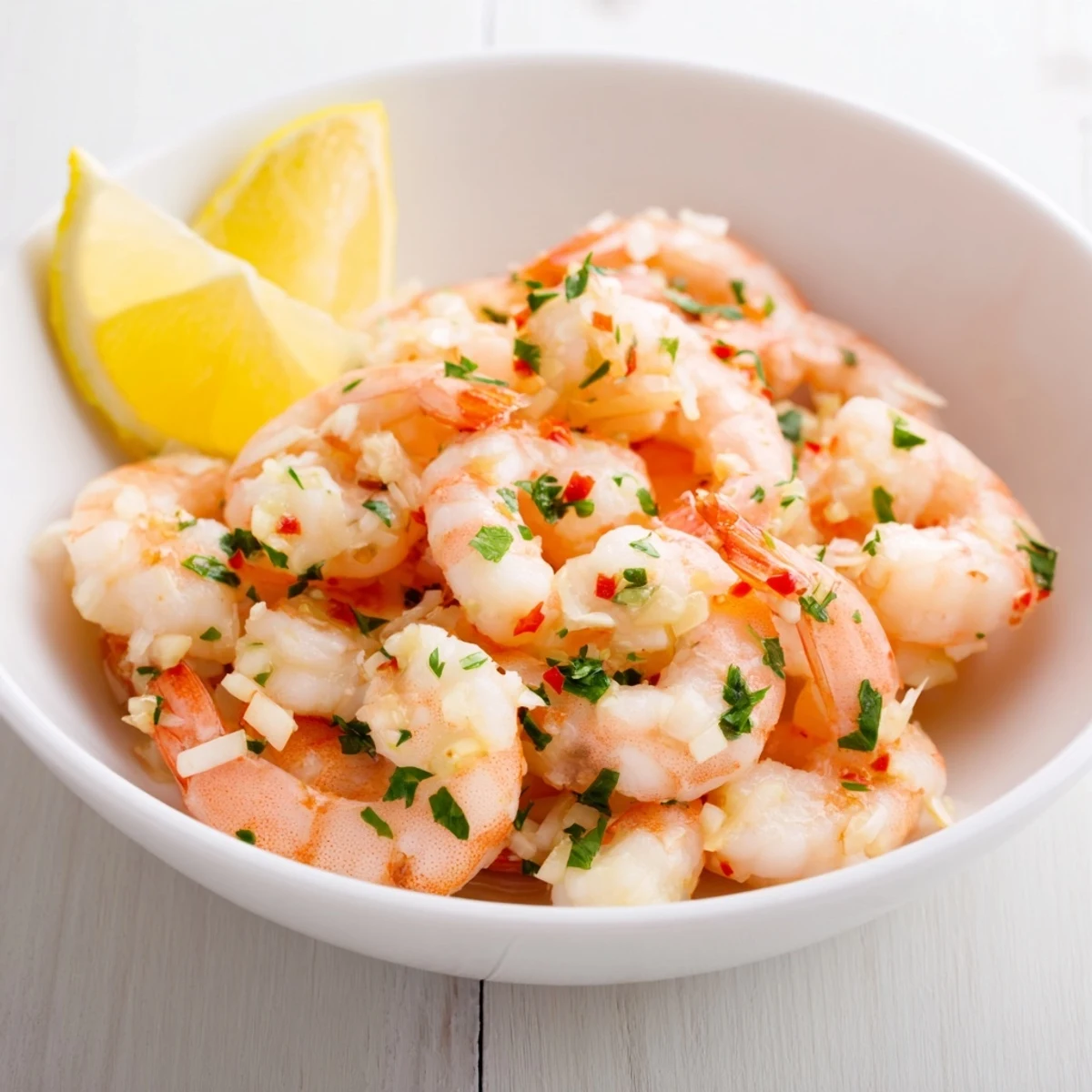 Close-up of freshly cooked lightened Gambas al Ajillo, showcasing tender shrimp glistening with lemon and herbs.