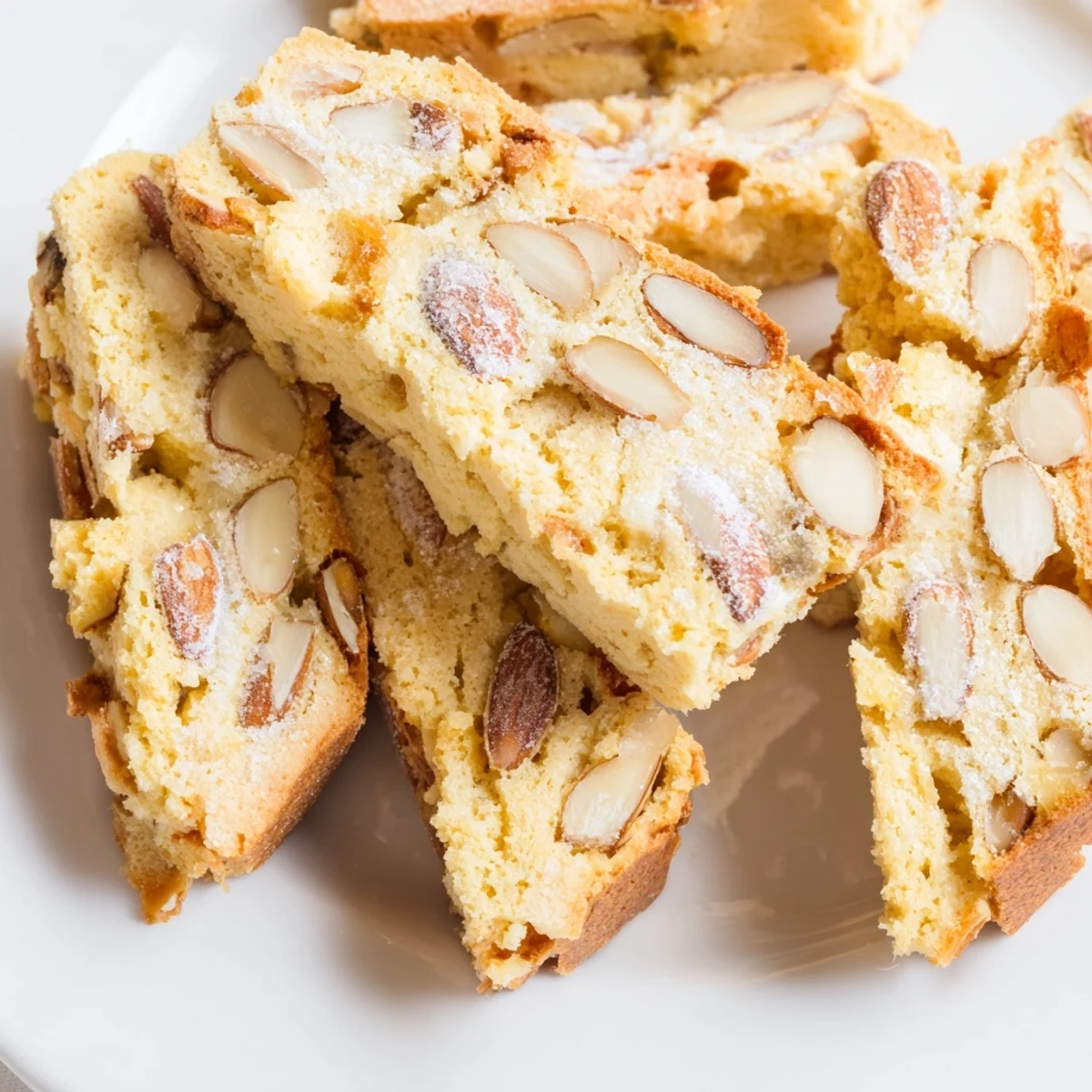A close-up of several homemade Simplified Turrón Biscotti, perfect for sharing with friends and family.