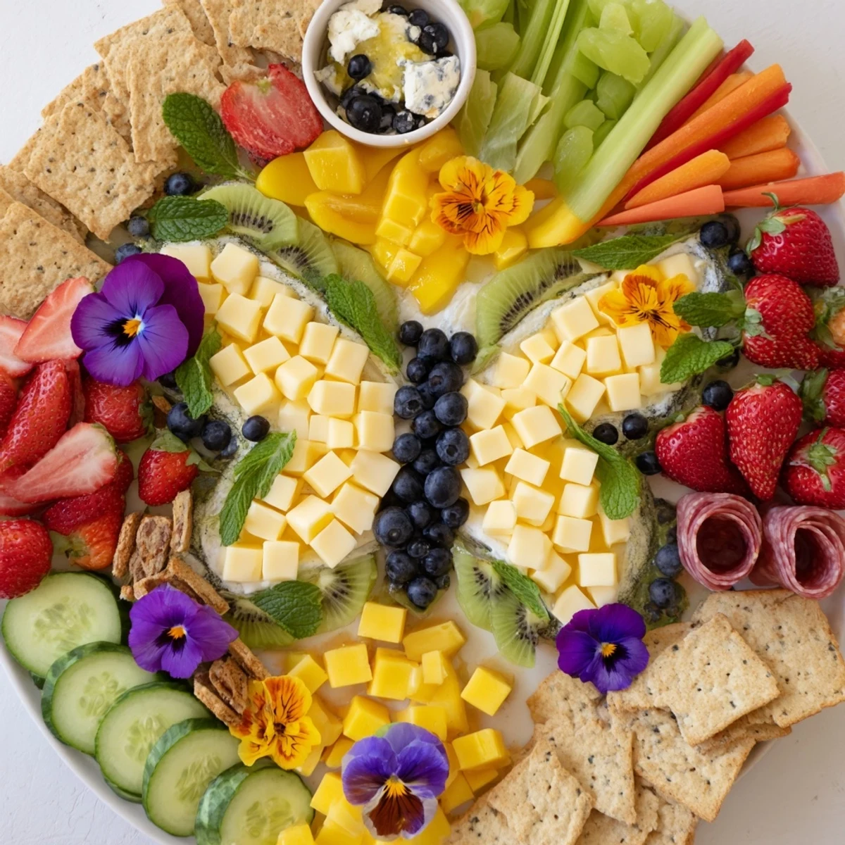 A stunning Butterfly Summer Board showcases colorful fruits, cheeses, and charcuterie for a gathering.