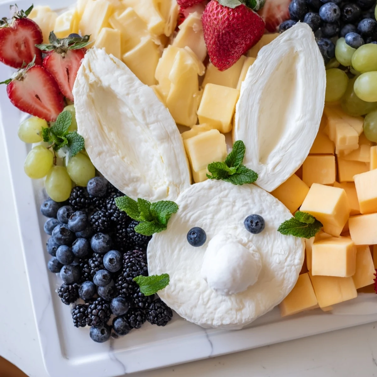Festive Bunny Ears Easter Board featuring colorful fruits, crackers, and creamy goat cheese nose.