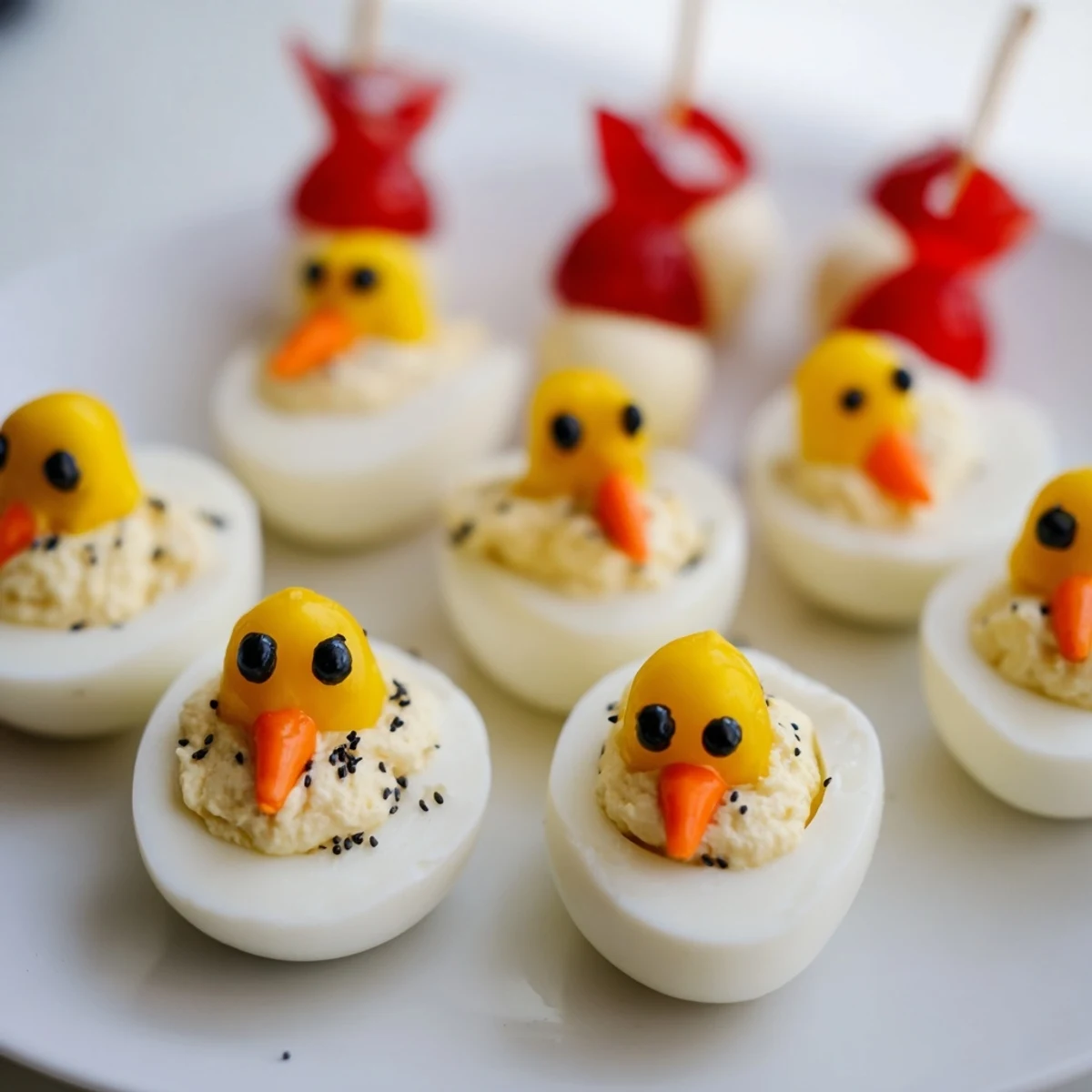 Chick & Duckling Snacks: Colorful arrangement of chick and duckling snacks made with eggs, vegetables, and cheese.