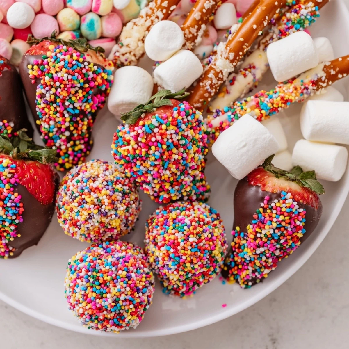 A vibrant Rainbow Sprinkle Party Board, overflowing with colorful, sprinkle-covered treats for a joyous party.