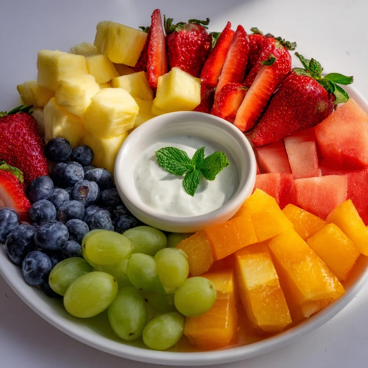 A vibrant Beach Ball Fruit Platter, showcasing colorful watermelon, berries, and grapes, perfect for summer.