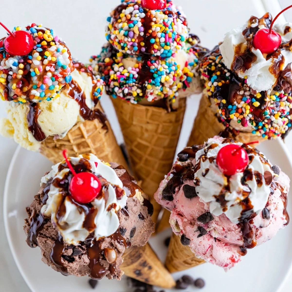 Ice cream cone grazing board overflowing with colorful toppings and fresh fruit for a party.