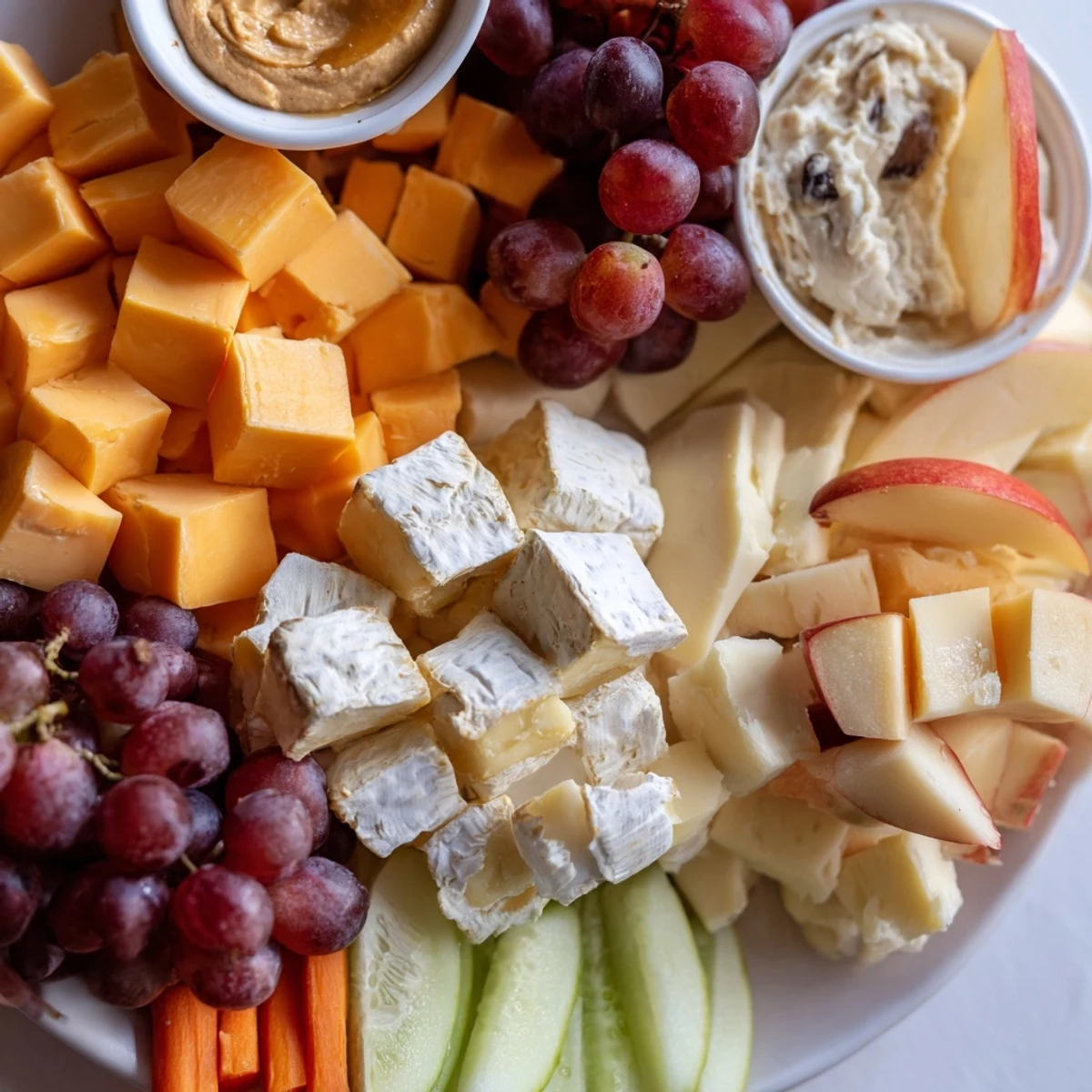A colorful picnic basket snack board overflowing with cheeses, fruits, and crackers perfect for sharing.