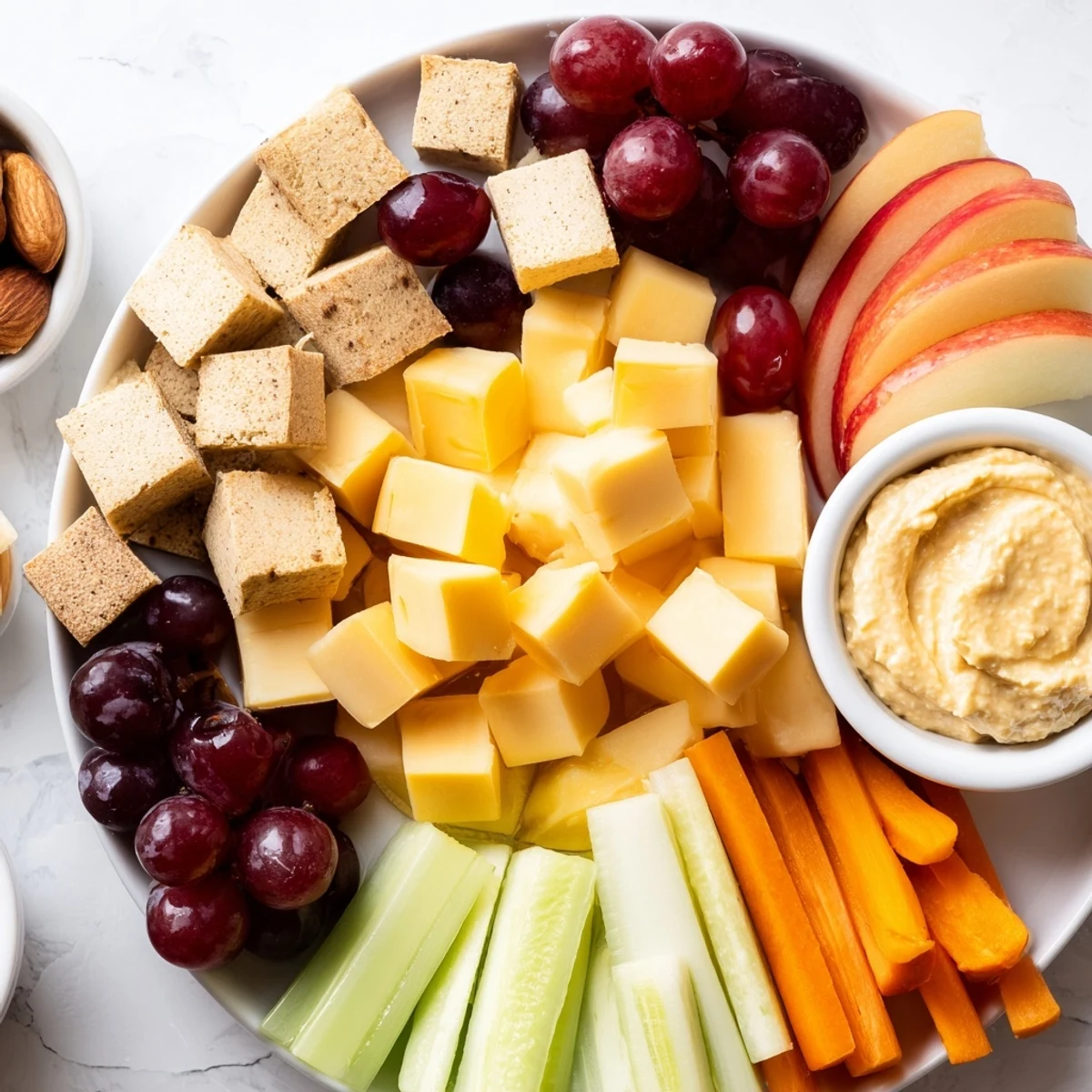 This picnic basket snack board displays a delicious spread with fresh fruits, cheese, and meats laid out.