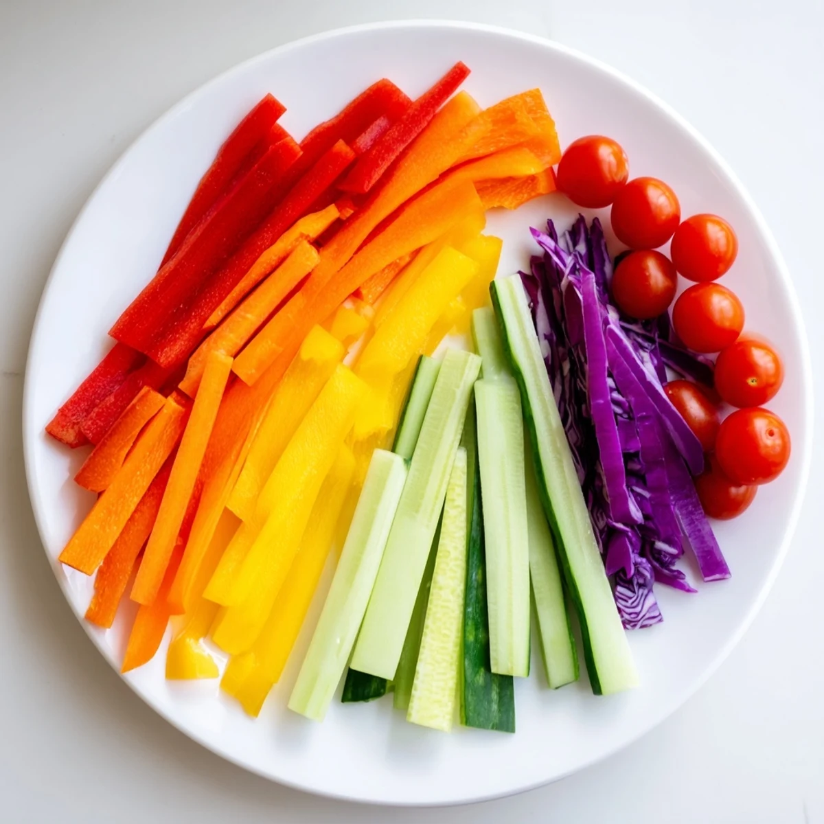 A colorful rainbow arch of bright veggie sticks, a healthy and fun appetizer to enjoy.