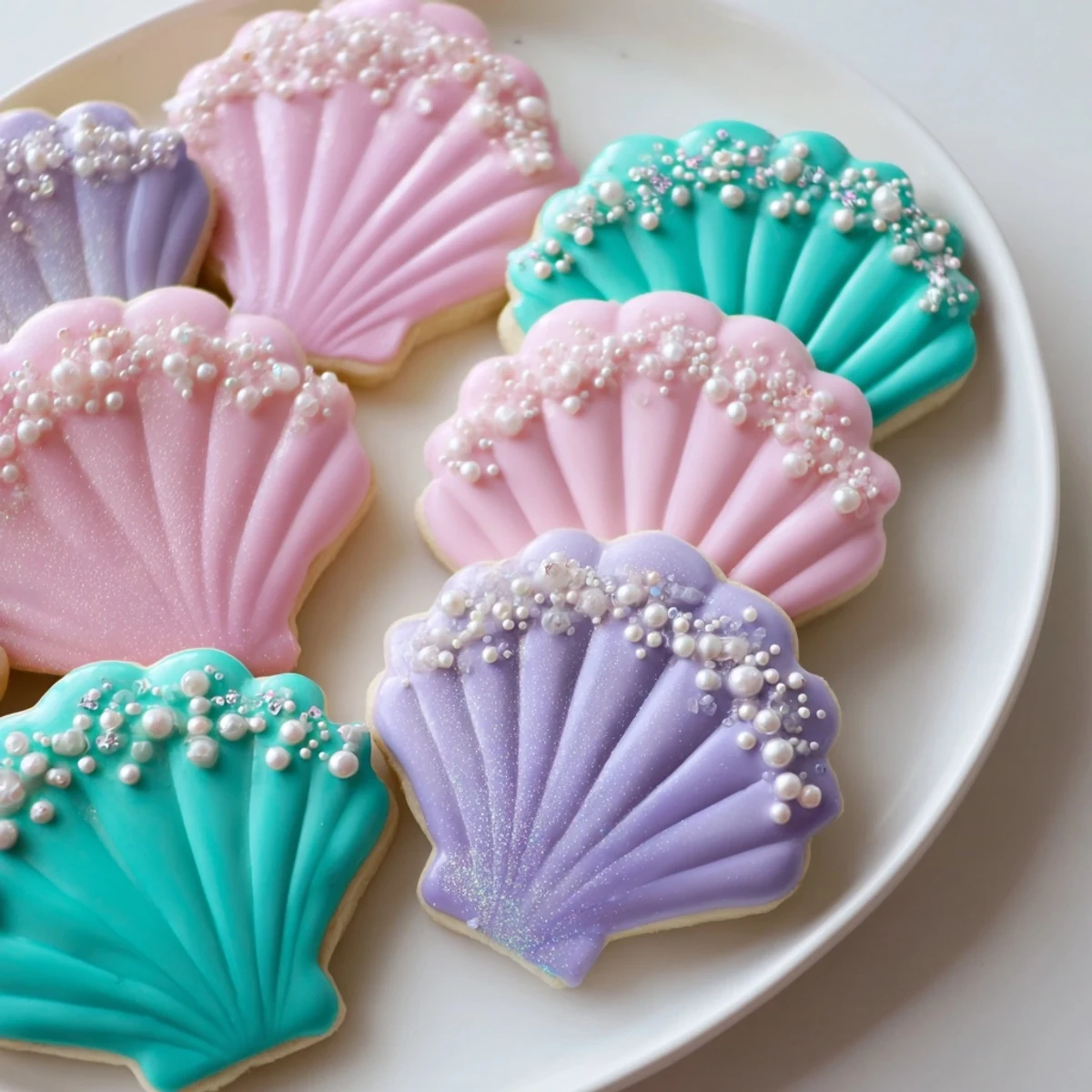 Whimsical Seashell Sweets sugar cookies, frosted in pastel colors, perfect for a mermaid party!