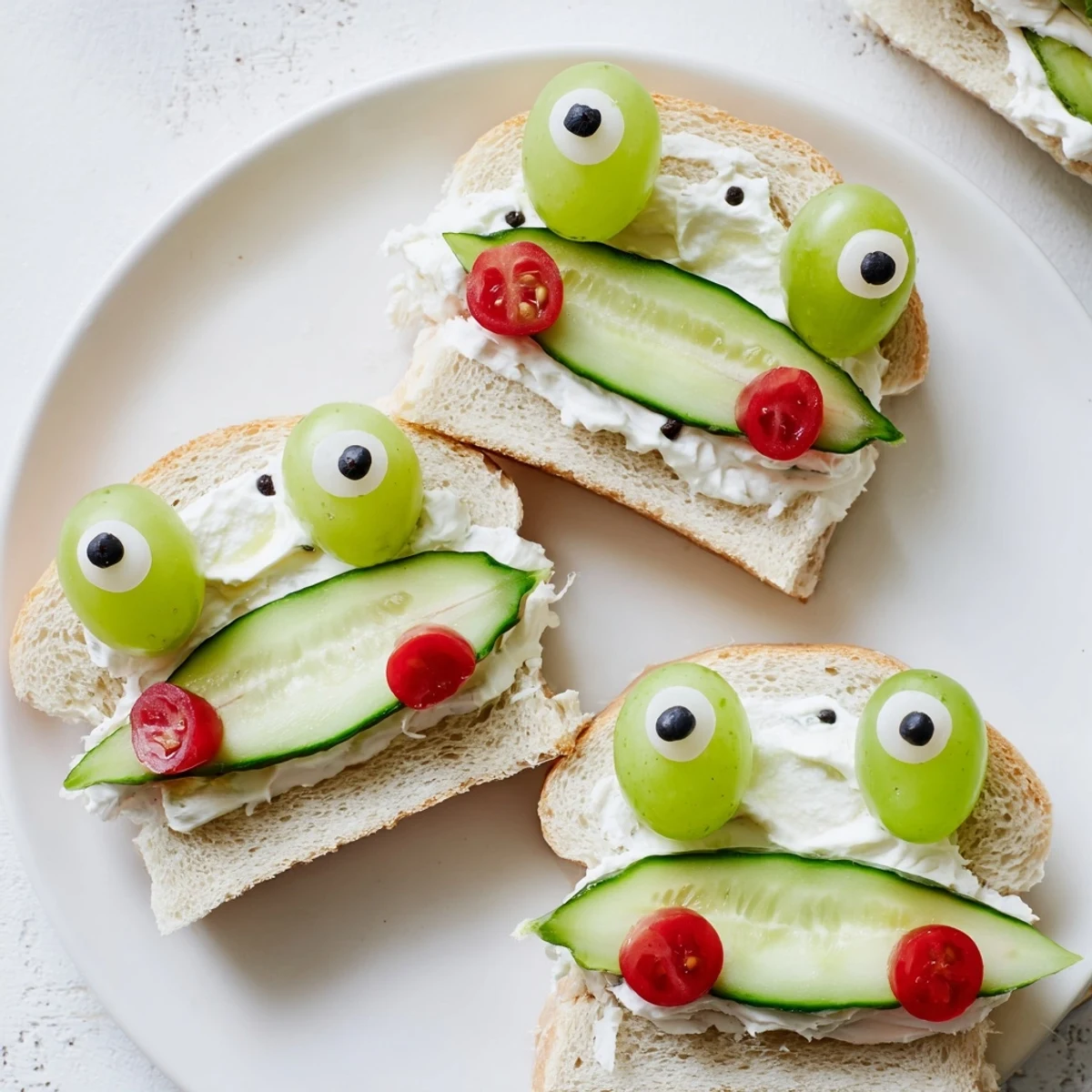 These appealing Prince Charming Froggy Sandwiches feature green grape eyes and cherry tomato cheeks – so fun!