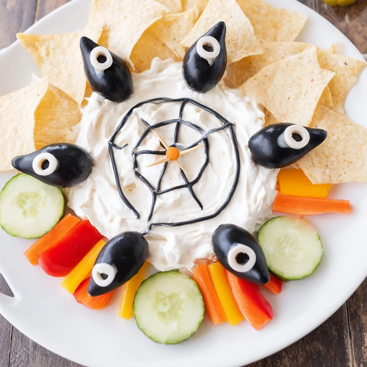 A spooky Creepy Crawly Spiderweb Platter, featuring creamy dip and black olive spiders, perfect for Halloween.