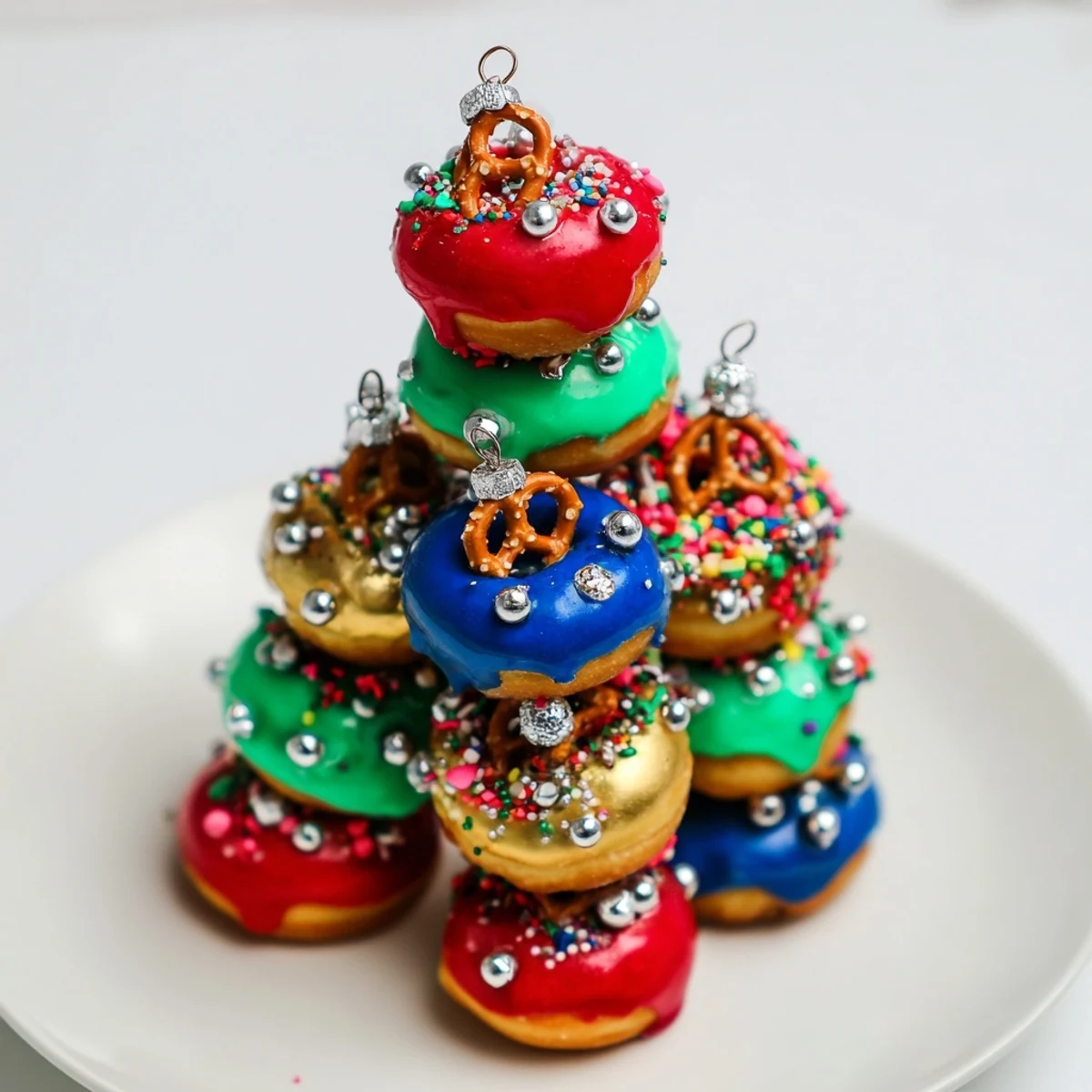 Donut Stack Christmas Ornament Tower, a festive dessert, is a sweet treat with colorful, decorated donuts.