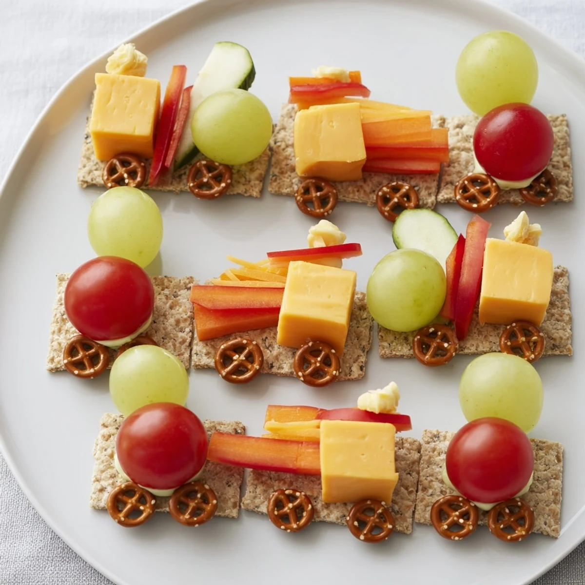 The Choo Choo Train Snack Track: Creative snack with cheese, crackers, and fruits arranged like a train.